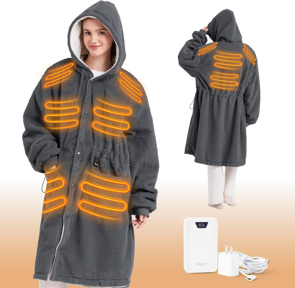 Bedsure Portable Heated Wearable Blanket Hoodie - Faux Cashmere Electric Blanket with 20000mAh Battery Pack, Cordless USB Heated Throw, Winter Gifts for Women, 4 Heat Levels & 4 Timers, 22'x43', Grey