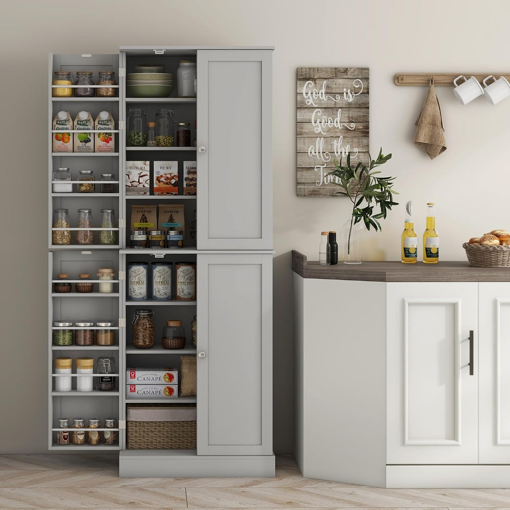 HOMCOM 65' Kitchen Pantry Storage Cabinet, Freestanding Kitchen Cabinet with 16 Door Shelves, Double Doors, 8-Tier Shelving and Adjustable Shelves, Gray