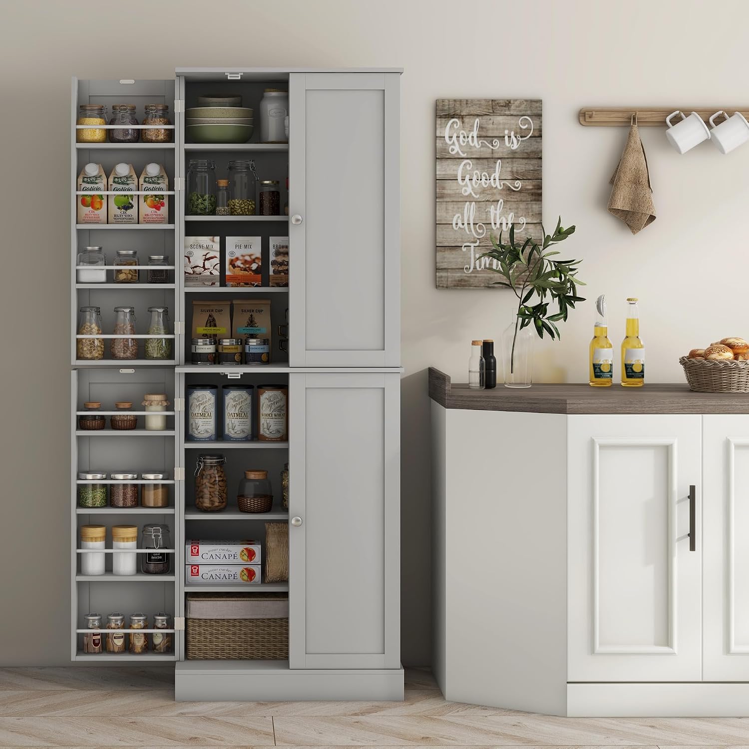 HOMCOM 65' Kitchen Pantry Storage Cabinet, Freestanding Kitchen Cabinet with 16 Door Shelves, Double Doors, 8-Tier Shelving and Adjustable Shelves, Gray