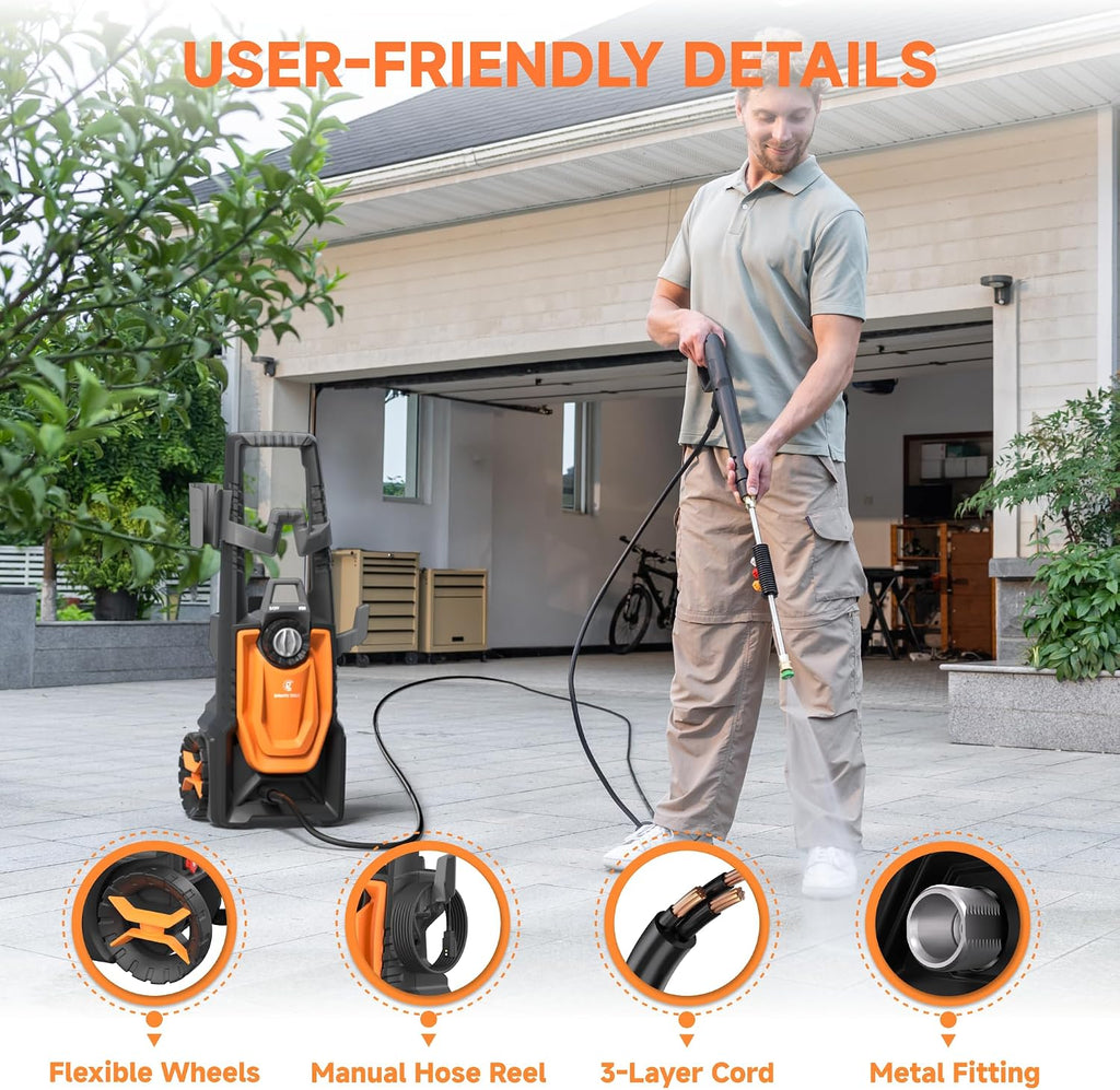 Giraffe Tools Pressure Washer, Max 2400 PSI, 2.3 GPM Electric Power Washer with 4 Quick-Connect Nozzles, Foam Cannon for Cars/Patios/Driveways/Fences, 20 ft