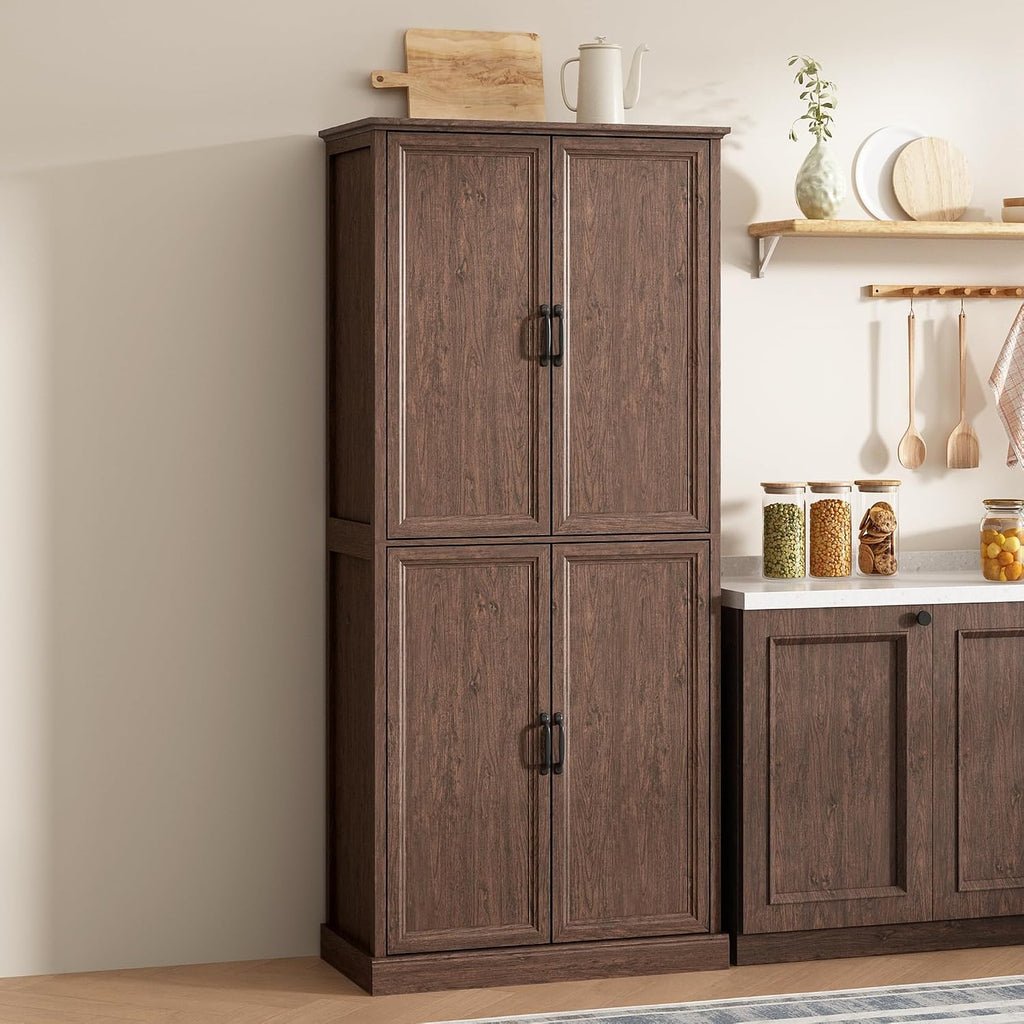 Tradare 71'' Tall Pantry Cabinet, Farmhouse Kitchen Pantry Storage Cabinet with Barn Door and Adjustable Shelves, Rustic Wood Freestanding Cupboard Storage Organizer for Kitchen, Dining Room, Brown