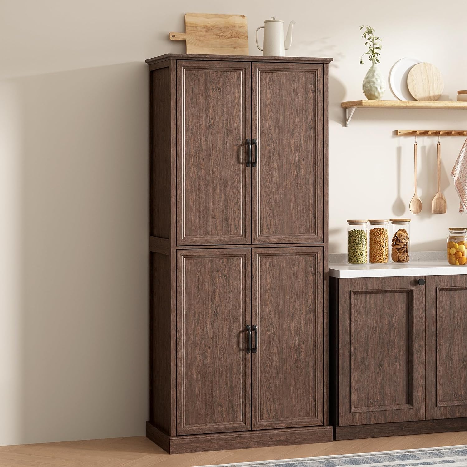 Tradare 71'' Tall Pantry Cabinet, Farmhouse Kitchen Pantry Storage Cabinet with Barn Door and Adjustable Shelves, Rustic Wood Freestanding Cupboard Storage Organizer for Kitchen, Dining Room, Brown