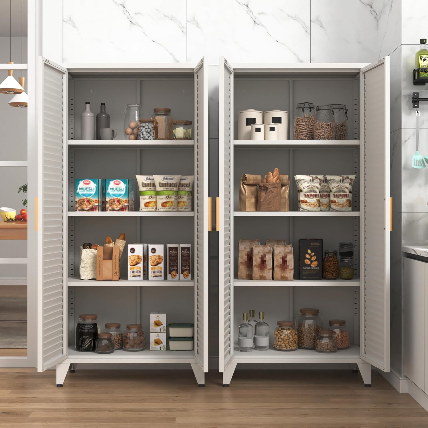 61 'H White Lockable Steel Storage Cabinet,Double Louver Shutter Ventilated Door Metal Wardrobe Cabinet 3 Tier Adjustable Shelves Freestanding Storage Locker for Bedroom,Home Office