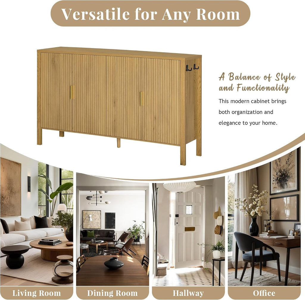 Virubi 57.5' Sideboard Buffet Cabinet with Storage,Wooden Sideboard Cabinet with Back-of-Door Storage Racks & Side Hooks,Adjustable Shelves for Living Room,Dining Room,Natural