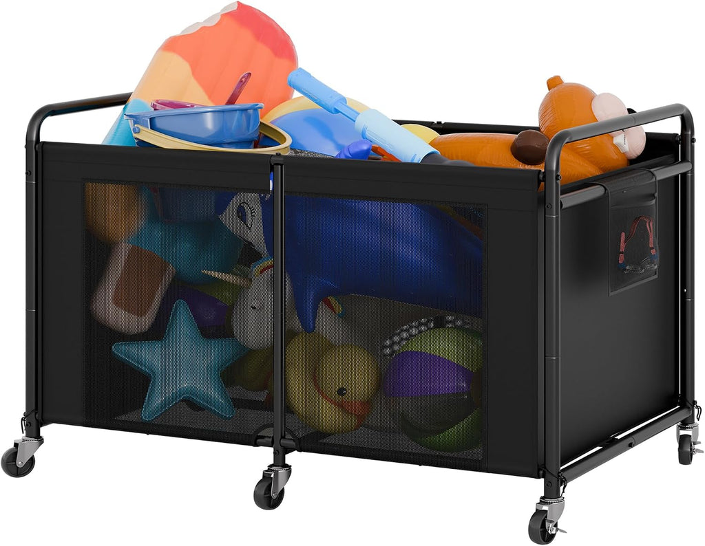 StorageWorks 210 Gallon Pool Float Storage, Mesh Pool Toy Storage Bin with Wheel and Side Pockets, Large Swimming Organizer, Outdoor Noodles Holder, Black