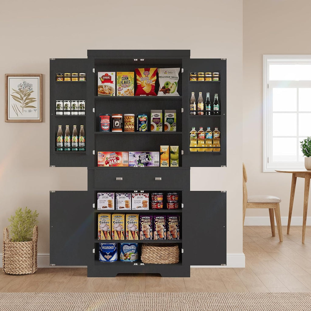 GarveeHome 72' Kitchen Pantry Cabinet, Freestanding Tall Storage Cabinet with 6 Door Shelves, 4 Adjustable Shelves and 1 Drawer, for Kitchen, Living Room, Dining Room, Black