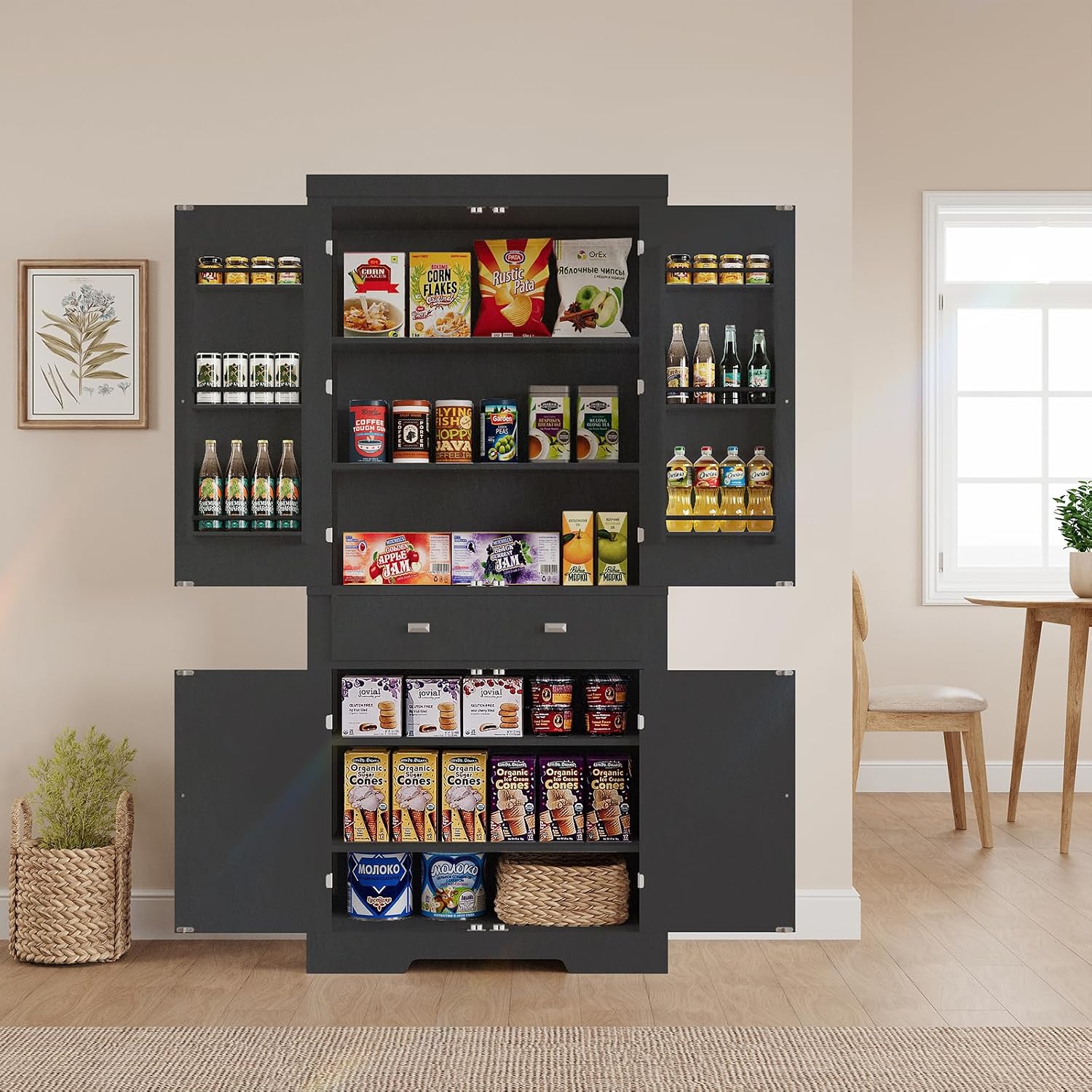 GarveeHome 72' Kitchen Pantry Cabinet, Freestanding Tall Storage Cabinet with 6 Door Shelves, 4 Adjustable Shelves and 1 Drawer, for Kitchen, Living Room, Dining Room, Black