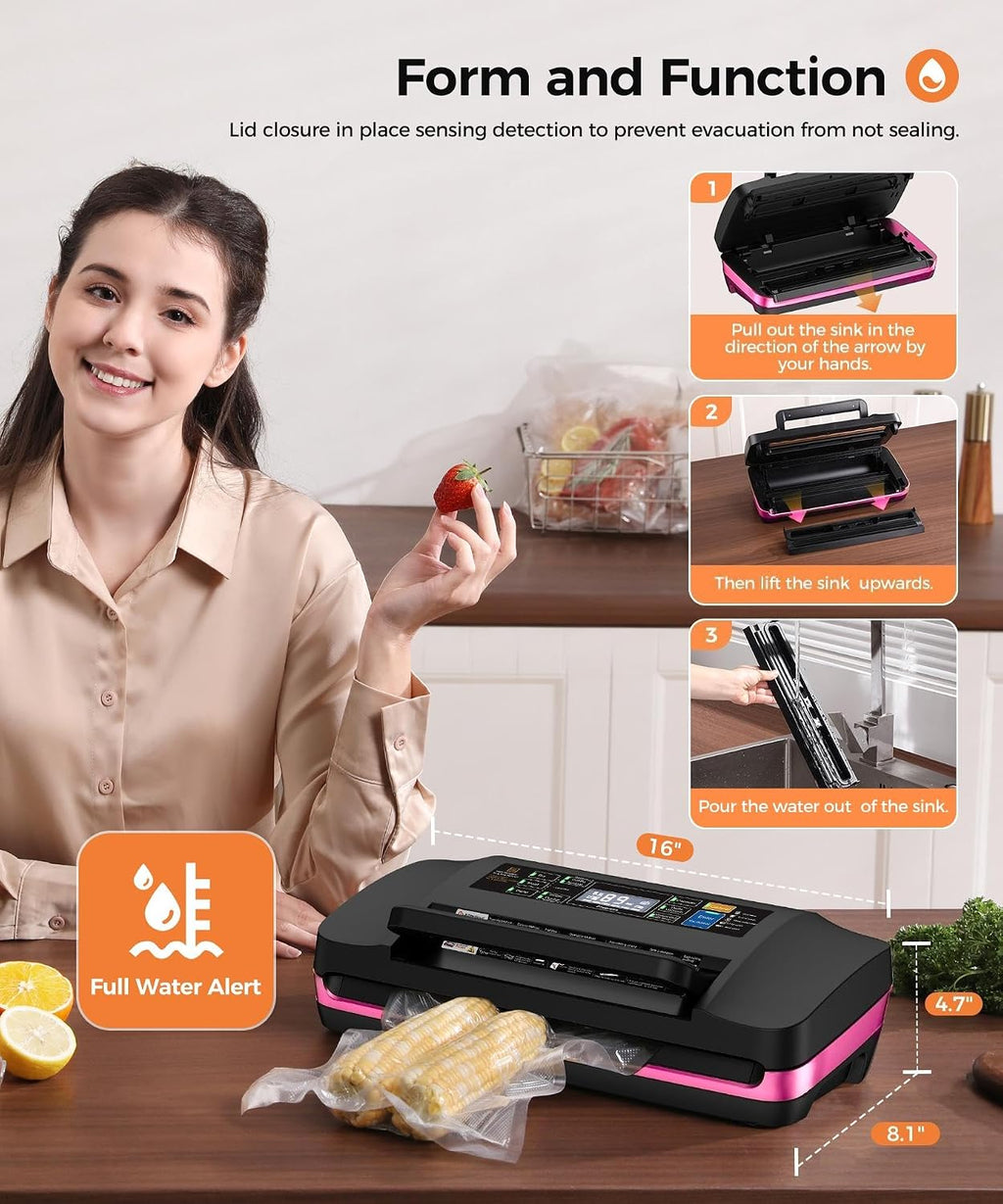 95kpa Vacuum Sealer Machine,Commercial Full Automatic Food Sealer,Powerful Sealing System with Double Heat Seal,Bags Storage, Easy-Lock Handle,Build-in Cutter,1 Bag Rolls and 10 pcs Pre-cut Bags(Pink)