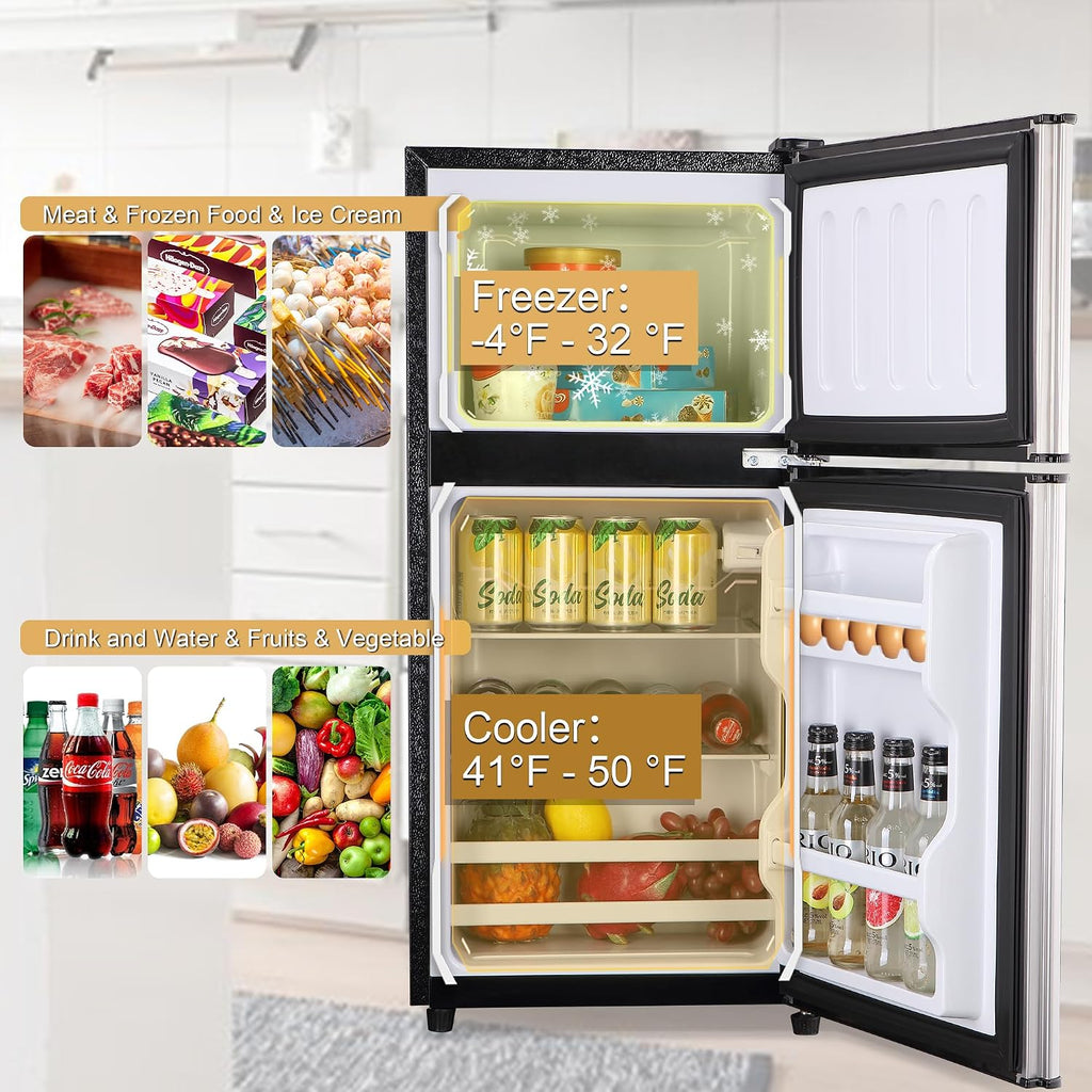Mini Refrigerator with Freezer, 3.5 Cu. Ft. Small Fridge with Freezer 2 Door Mini Fridge with 7-Level Adjustable Thermostat Removable Shelves, Compact Refrigerator for Office/Dorm/College/RV, Silver
