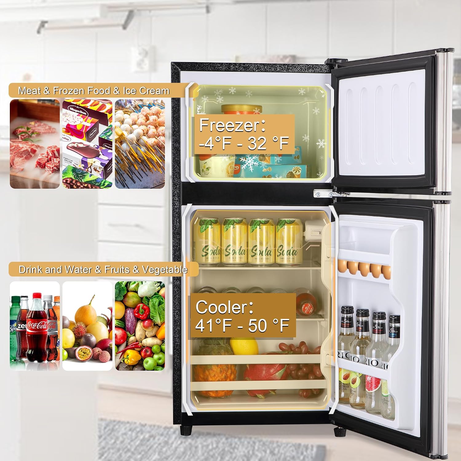Mini Refrigerator with Freezer, 3.5 Cu. Ft. Small Fridge with Freezer 2 Door Mini Fridge with 7-Level Adjustable Thermostat Removable Shelves, Compact Refrigerator for Office/Dorm/College/RV, Silver
