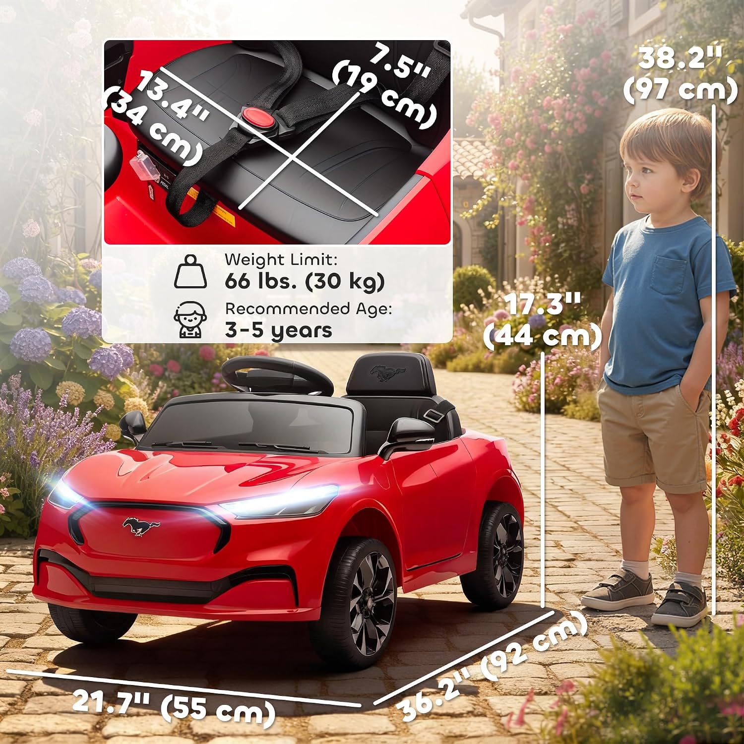 Qaba 12V Kids Ride On Car, Licensed Ford Mustang Mach-E Electric Car with Remote Control, 3 Speeds, LED Light, Music, Bluetooth, Suspension Wheels, Battery Powered Toy for Ages 3–5 Years, Red