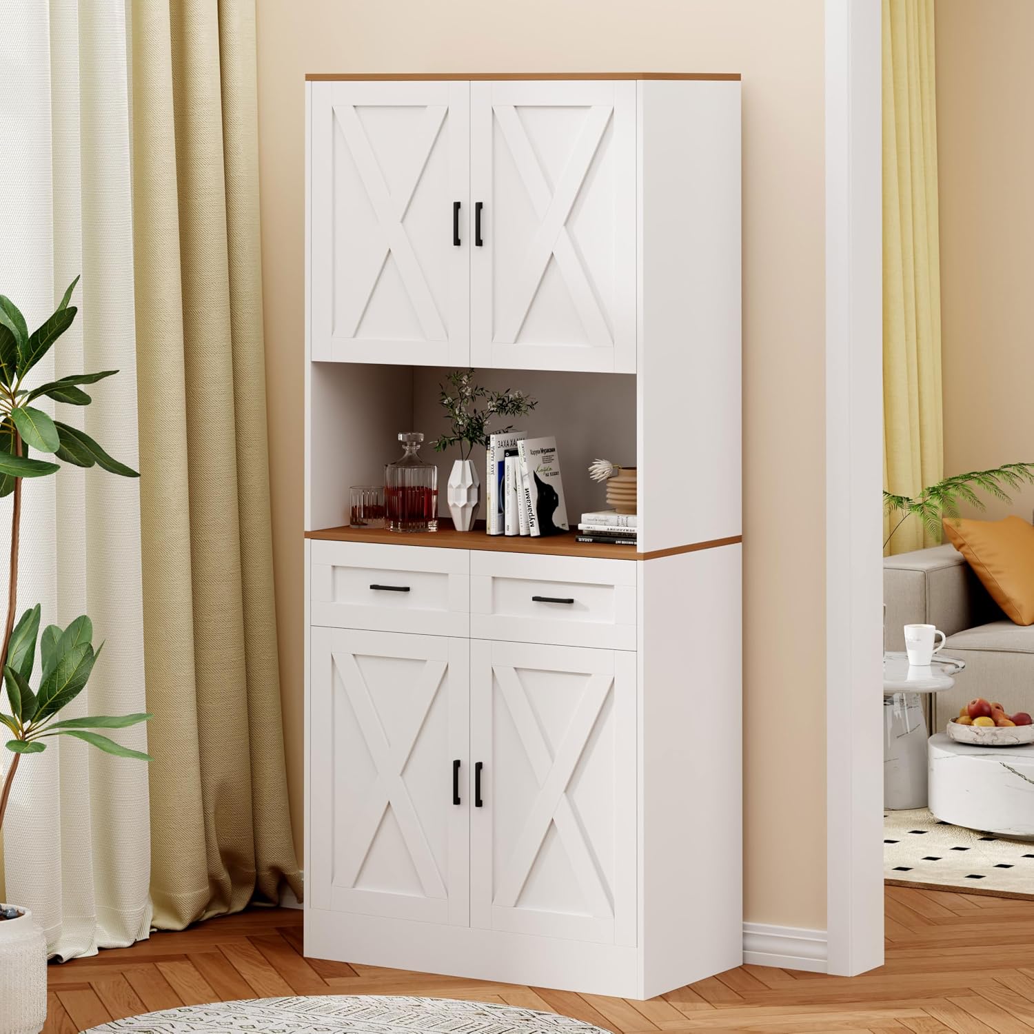 71' Kitchen Pantry Storage Cabinet, Kitchen Hutch with Microwave Stand and Adjustable Shelves Freestanding Cupboard for Dining Living Room, White