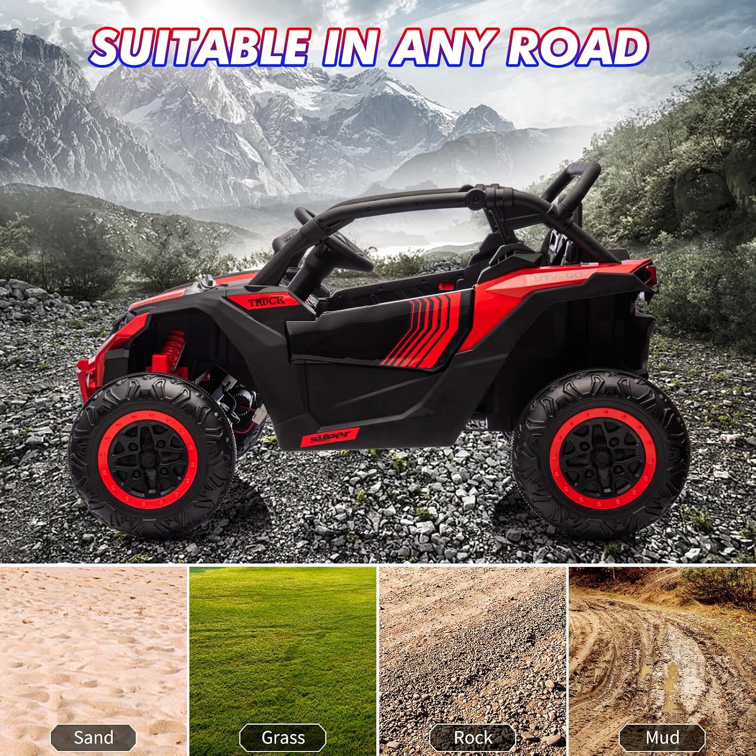 GarveeLife 24V Ride On Utv for Kids, 2 Seater 4WD Electric Truck with Remote Control, High and Low Speed Adjustment, Led Lights,4-Wheel Shock Absorption, One Click Start, Music Player (Red)