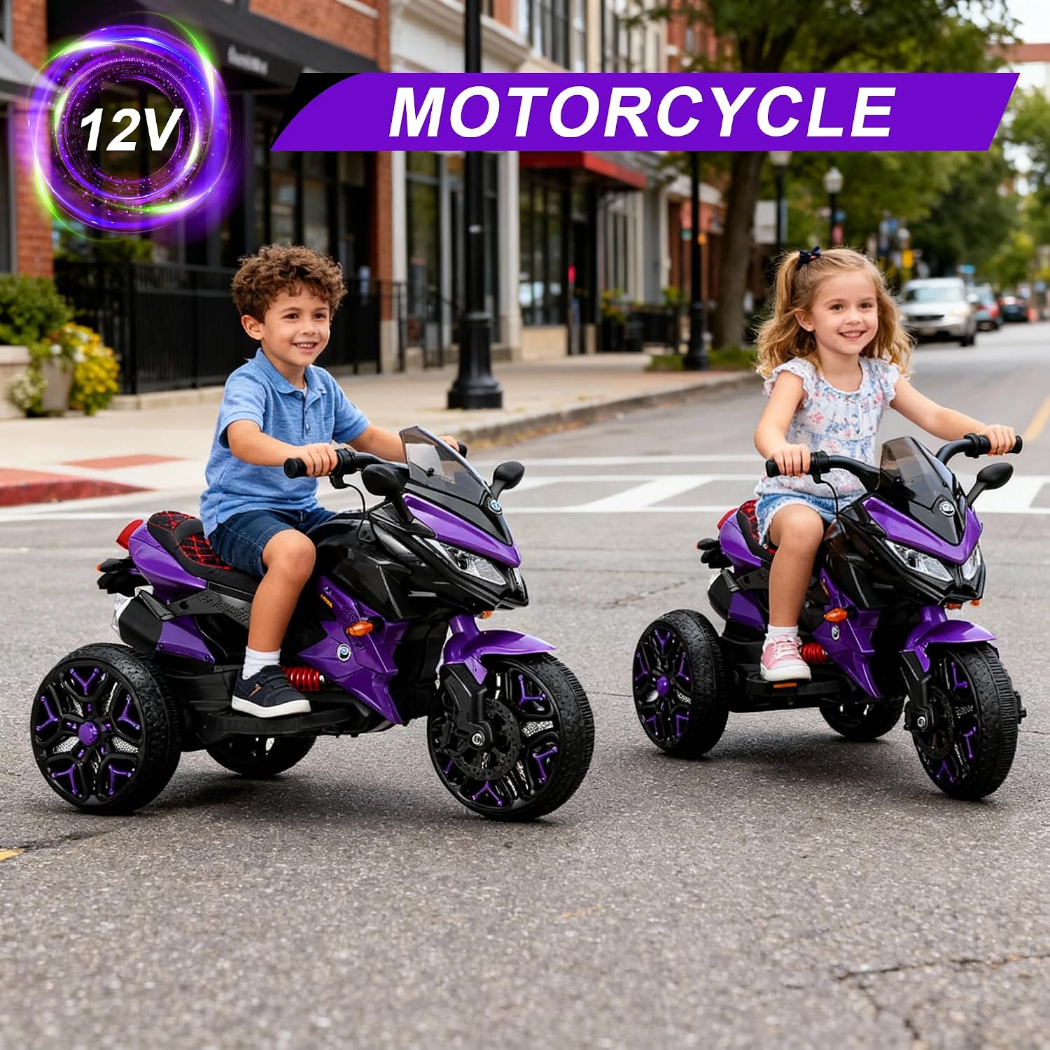 12V Kids Electric Motorcycle with Training Wheels | Plastic, PU seat, manual throttle, foot brake, USB, MP3, phone link, light-up wheels, ages 3-6, 45.3 W x 23.2 D x 28.7 H in