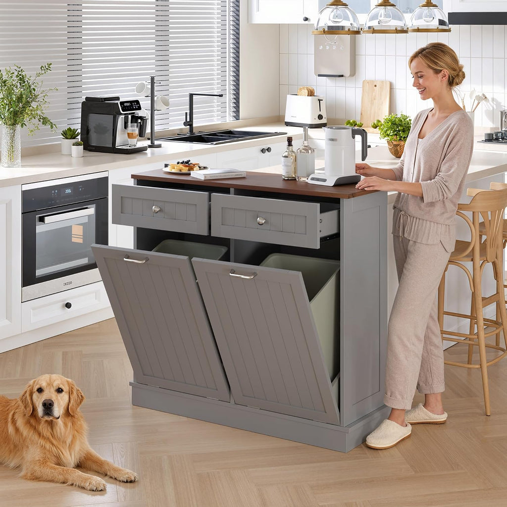 KIGOTY Double Tilt Out Trash Can Cabinet, 20 Gallon Hidden Trash Storage Cabinet with 2 Hideaway Drawers, Freestanding Trash Can for Kitchen, Wooden Laundry Hamper Cabinet, Pet Proof (Grey)