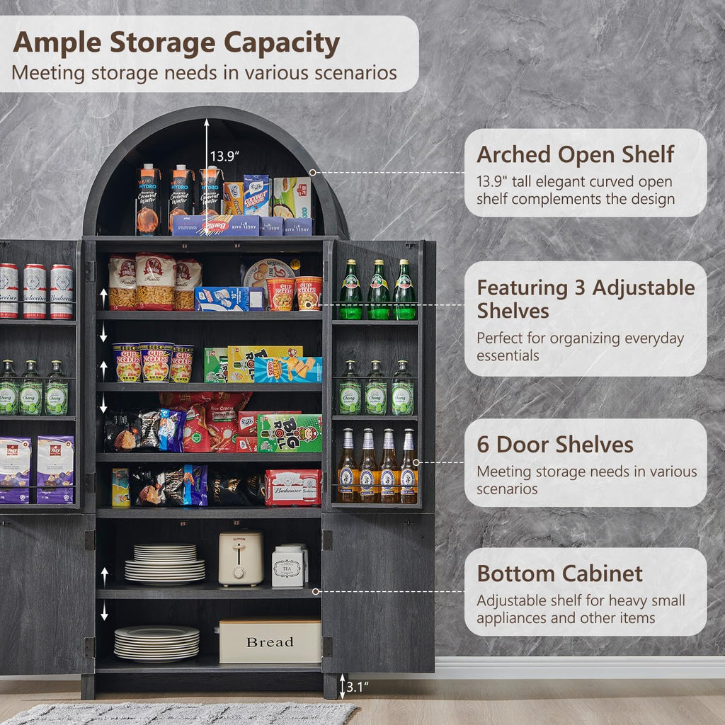 IFBUY 71' Tall Arched Bathroom Storage Cabinet, Modern Fluted Storage Cabinet w/Doors, 3 Adjustable Shelves, 6 Door Shelves, Wood Freestanding Cabinet for Bathroom, Entryway, Hallway, Dark Grey