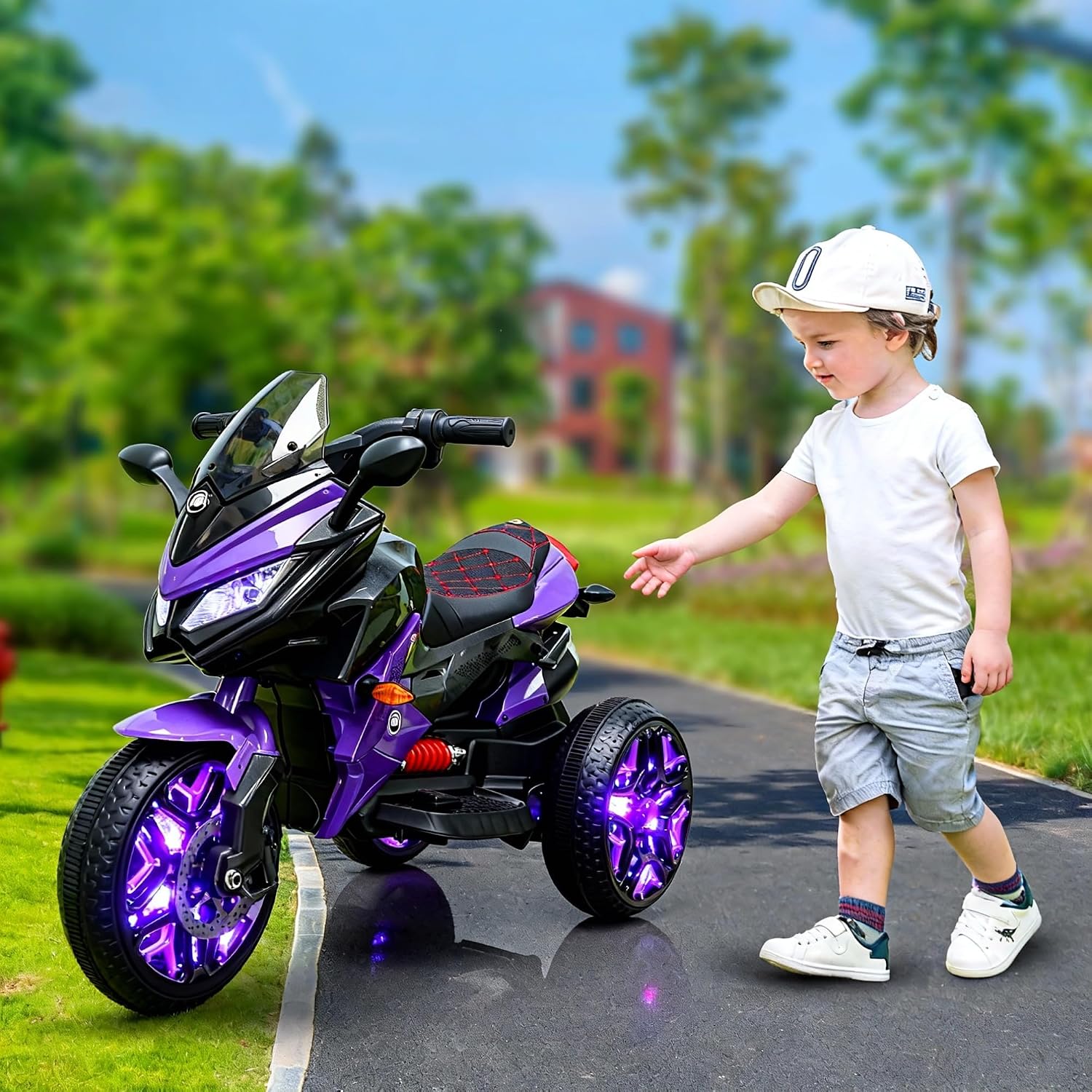 12V Kids Electric Motorcycle with Training Wheels | Plastic, PU seat, manual throttle, foot brake, USB, MP3, phone link, light-up wheels, ages 3-6, 45.3 W x 23.2 D x 28.7 H in