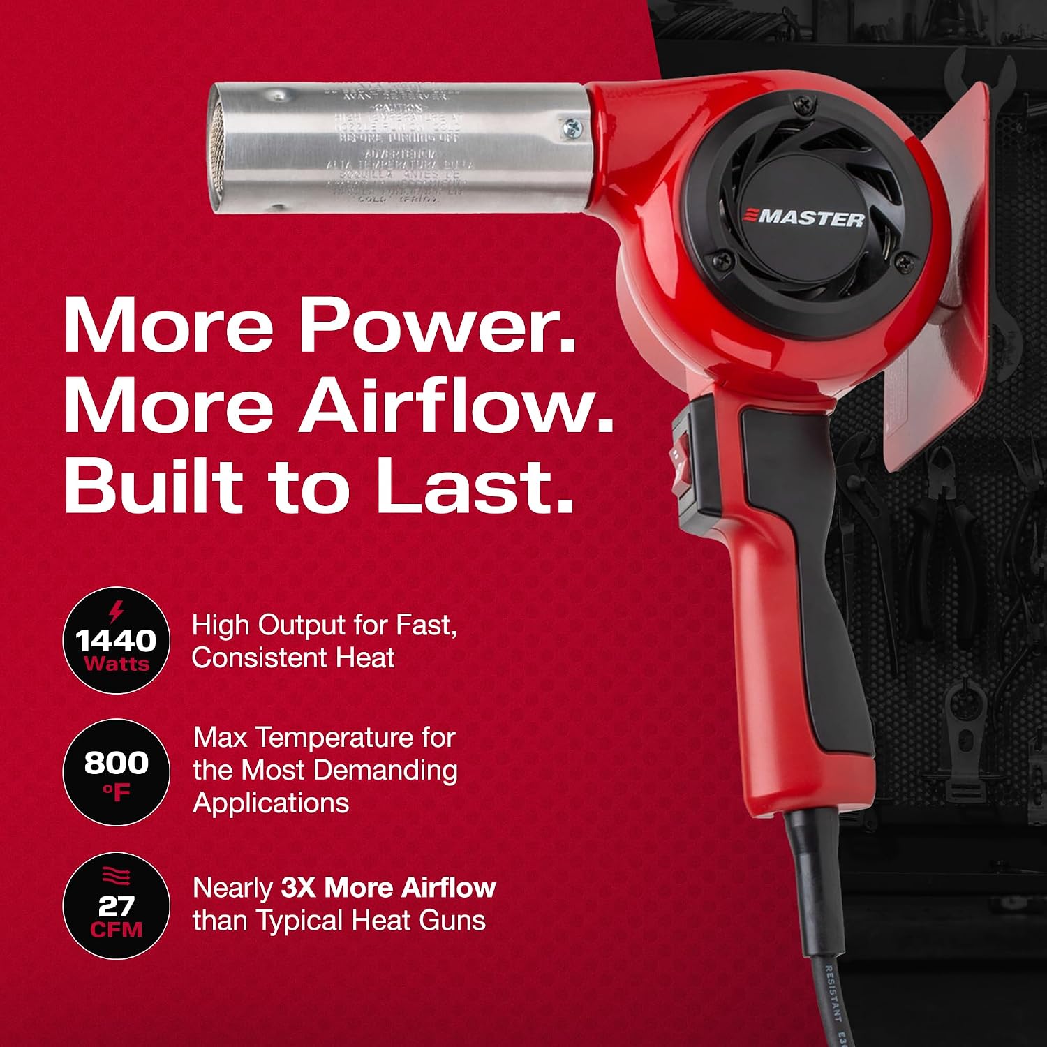 Master Appliance HG-301D Industrial Heat Gun, Quick Change Plug-In Heating Element, 800° F, 120V, 1440W, 12 Amps, Engineered In USA