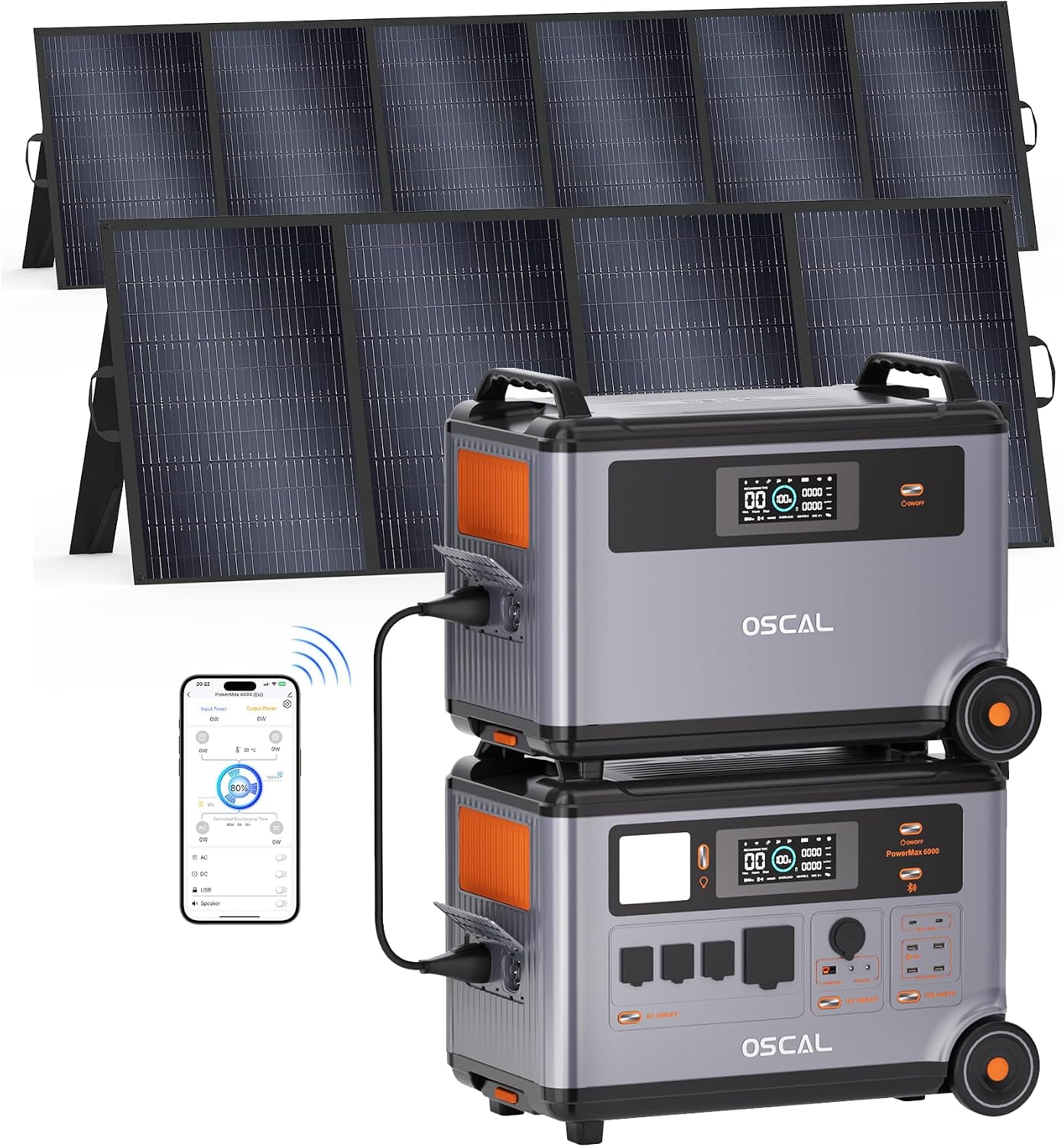 OSCAL 6000W(9000W Peak) Portable Solar Power Station with 2x400W Solar Panels, 3600Wh LiFePO4 Battery with 3600Wh Expansion Battery Pack, 2400W Solar Charging Generator for Camping, Home, Emergency