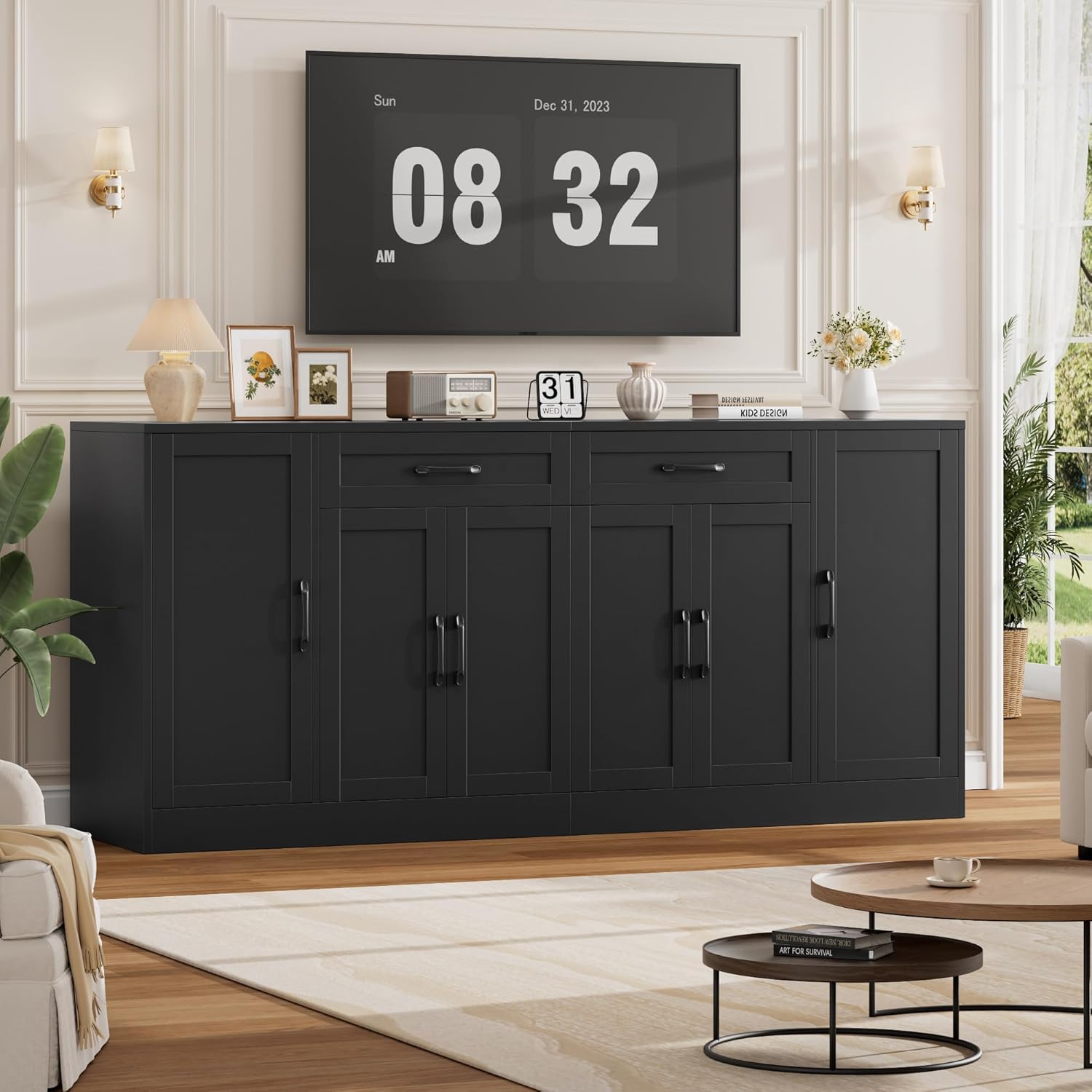 BOTLOG 71' Large Buffet Cabinet with Storage, Sideboard Buffet Cabinet with Adjustable Shelves and 6 Soft-Close Doors, Wood Coffee Bar Console Table for Kitchen, Dining Room, Black
