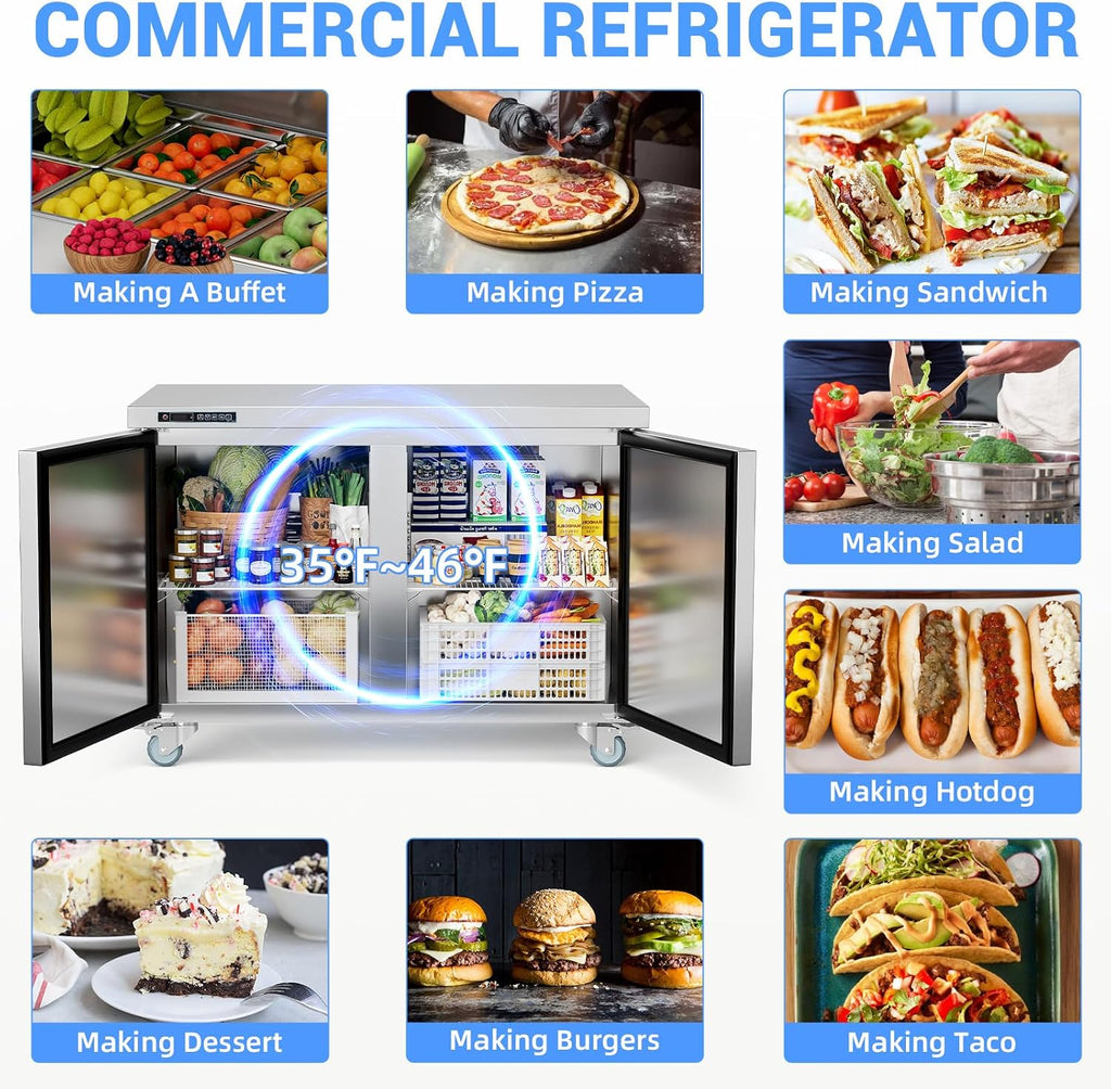 GarveeLife Commercial 48' Double Door Sandwich & Salad Prep Refrigerator – Stainless Steel Undercounter Worktop with Digital Thermostat, Lockable Cold Storage, Heavy-Duty for Restaurant, Bar, Buffet