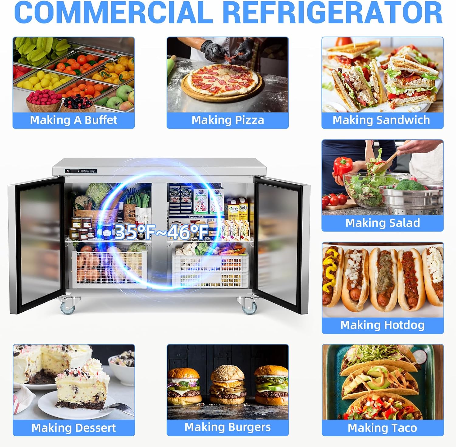 GarveeLife Commercial 48' Double Door Sandwich & Salad Prep Refrigerator – Stainless Steel Undercounter Worktop with Digital Thermostat, Lockable Cold Storage, Heavy-Duty for Restaurant, Bar, Buffet