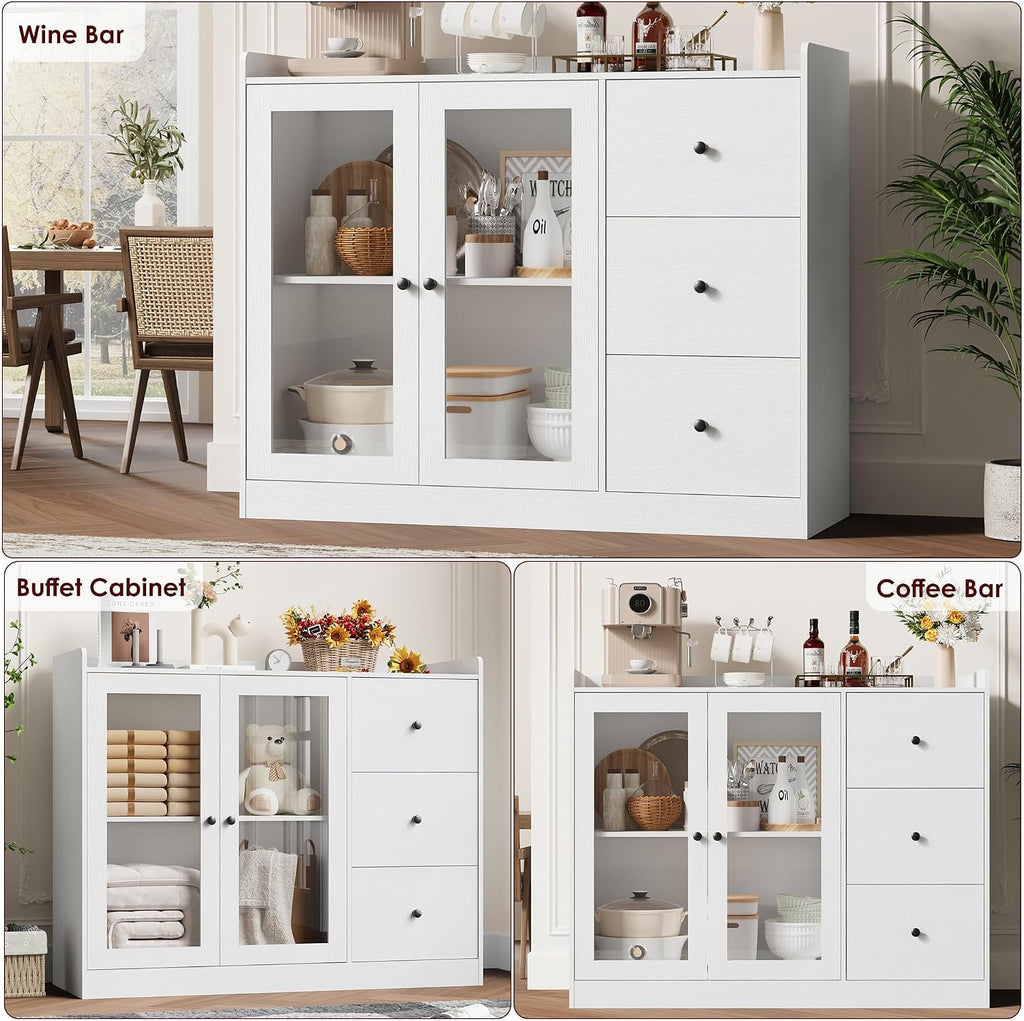 Takywep Kitchen Storage Cabinet, Wooden Coffee Bar with 3 Drawers & Double Doors, Sideboard Buffet Cabinet for Kitchen, Living Room, Entryway, Bathroom, White