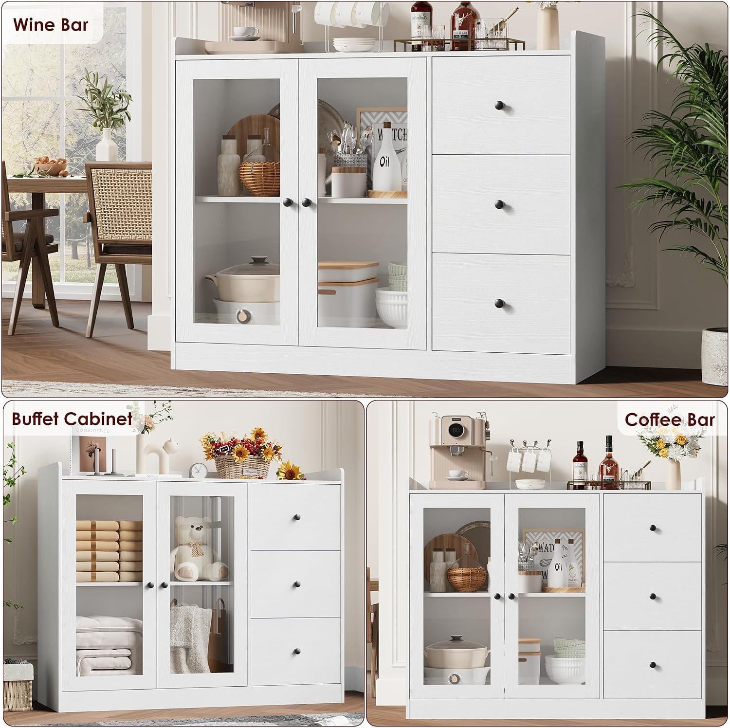 Takywep Kitchen Storage Cabinet, Wooden Coffee Bar with 3 Drawers & Double Doors, Sideboard Buffet Cabinet for Kitchen, Living Room, Entryway, Bathroom, White