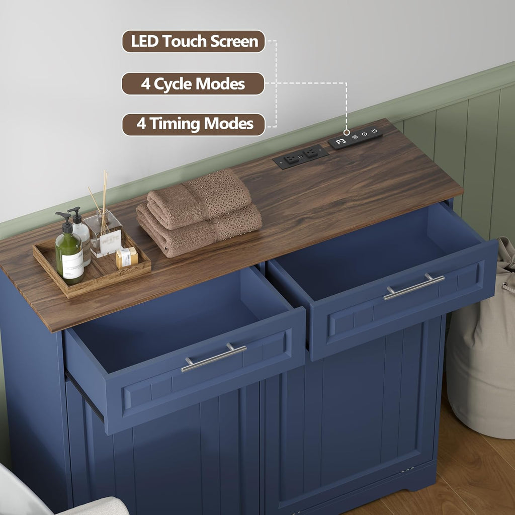 2 x 10 Gallon Double Tilt Out Trash Can Cabinet with Deodorizing Function & Charging Station, Hidden Laundry Hamper Cabinet with Storage Drawers, Garbage Can Holder for Kitchen, Bathroom, Blue