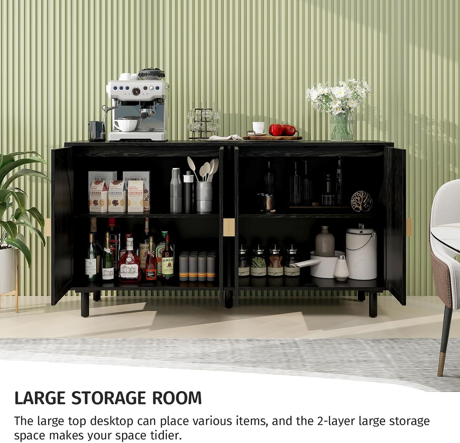 vistavie Black Rattan Buffet 4-Door Storage Cabinet with Adjustable Shelves, Solid Pine Legs, Sideboard TV Stand for Living Room, Coffee Bar for Dining Room & Kitchen