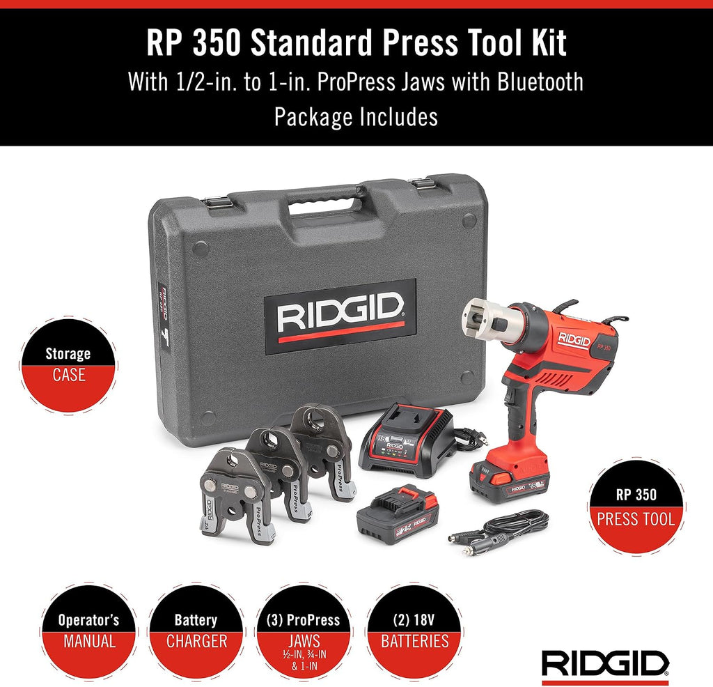 RIDGID 67058 RP 350 ProPress Pressing Tool and Battery Kit with ProPress Tool, 1/2' to 1' ProPress Jaws, 18-Volt Battery, Charger, and Case
