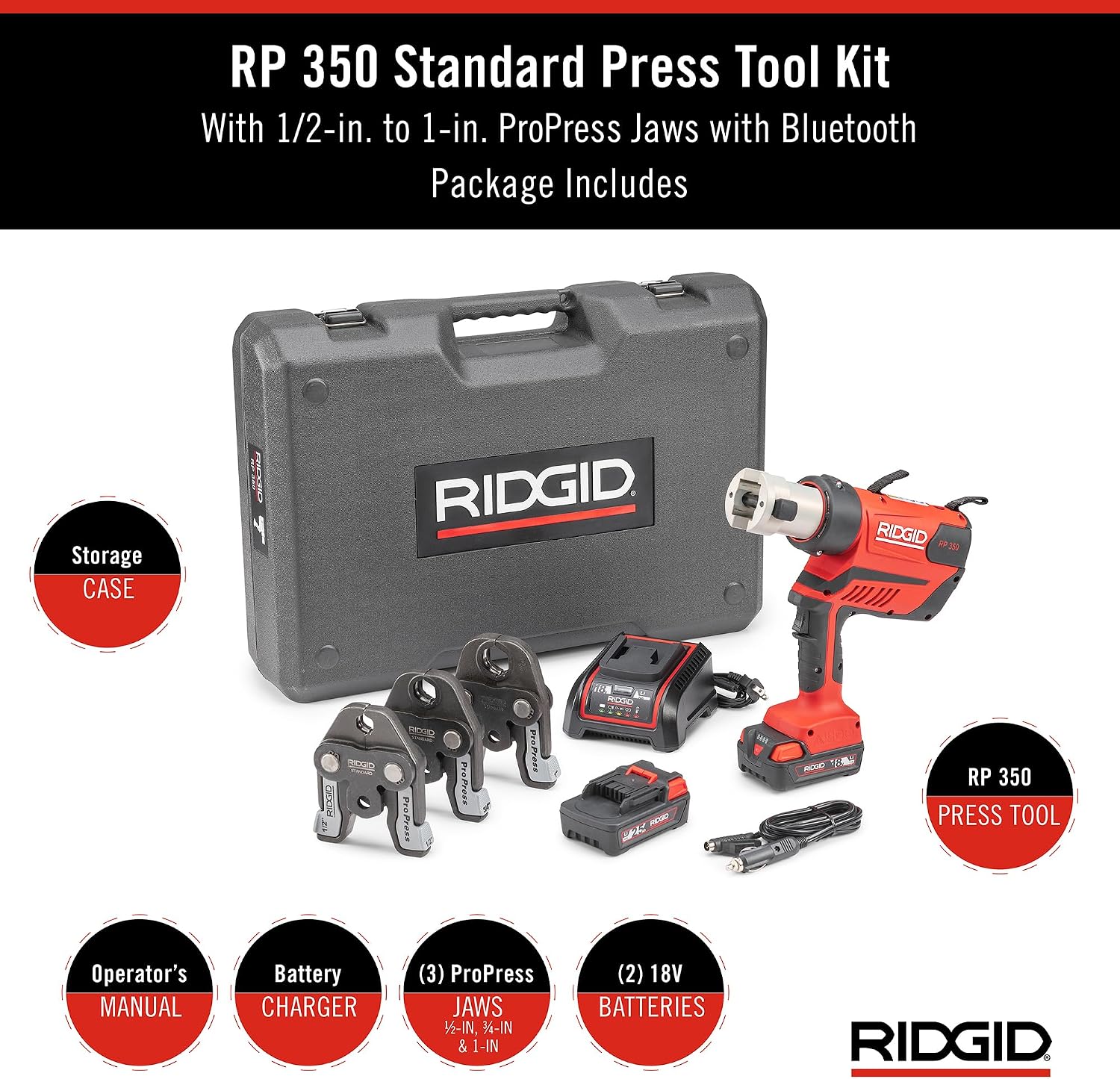 RIDGID 67058 RP 350 ProPress Pressing Tool and Battery Kit with ProPress Tool, 1/2' to 1' ProPress Jaws, 18-Volt Battery, Charger, and Case