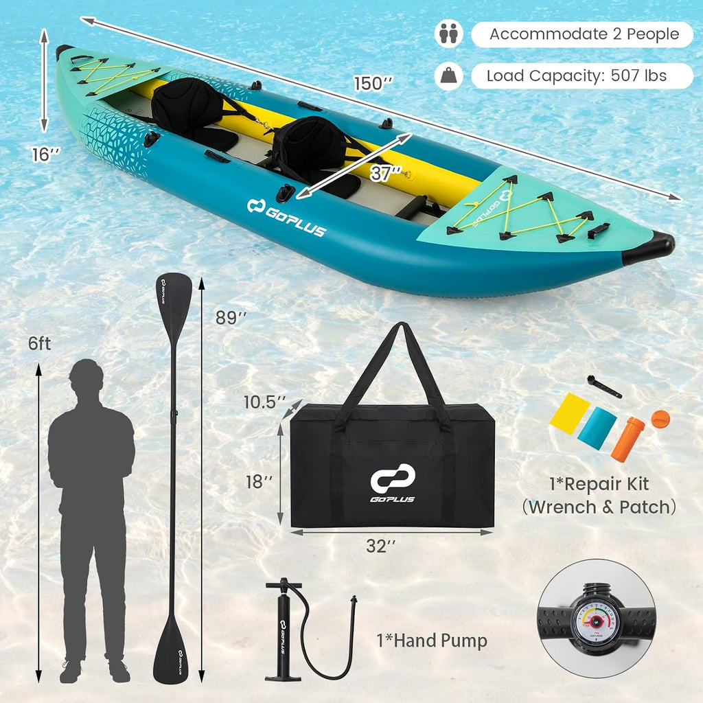 Goplus Tandem Inflatable Kayak, 12.5FT 2-Person Kayak for Adults w/507 LBS Weight Capacity, 2 Aluminium Oars, Padded Seat, 2 Fins, Hand Pump, Carry Bag, Repair Kit, Portable Touring Kayaks