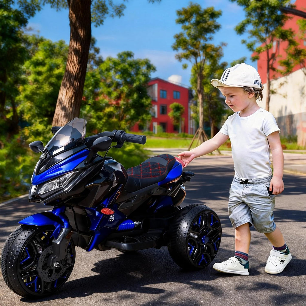12V Kids Electric Motorcycle with Training Wheels | Plastic, PU seat, manual throttle, foot brake, USB, MP3, phone link, light-up wheels, ages 3-6, 45.3 W x 23.2 D x 28.7 H in