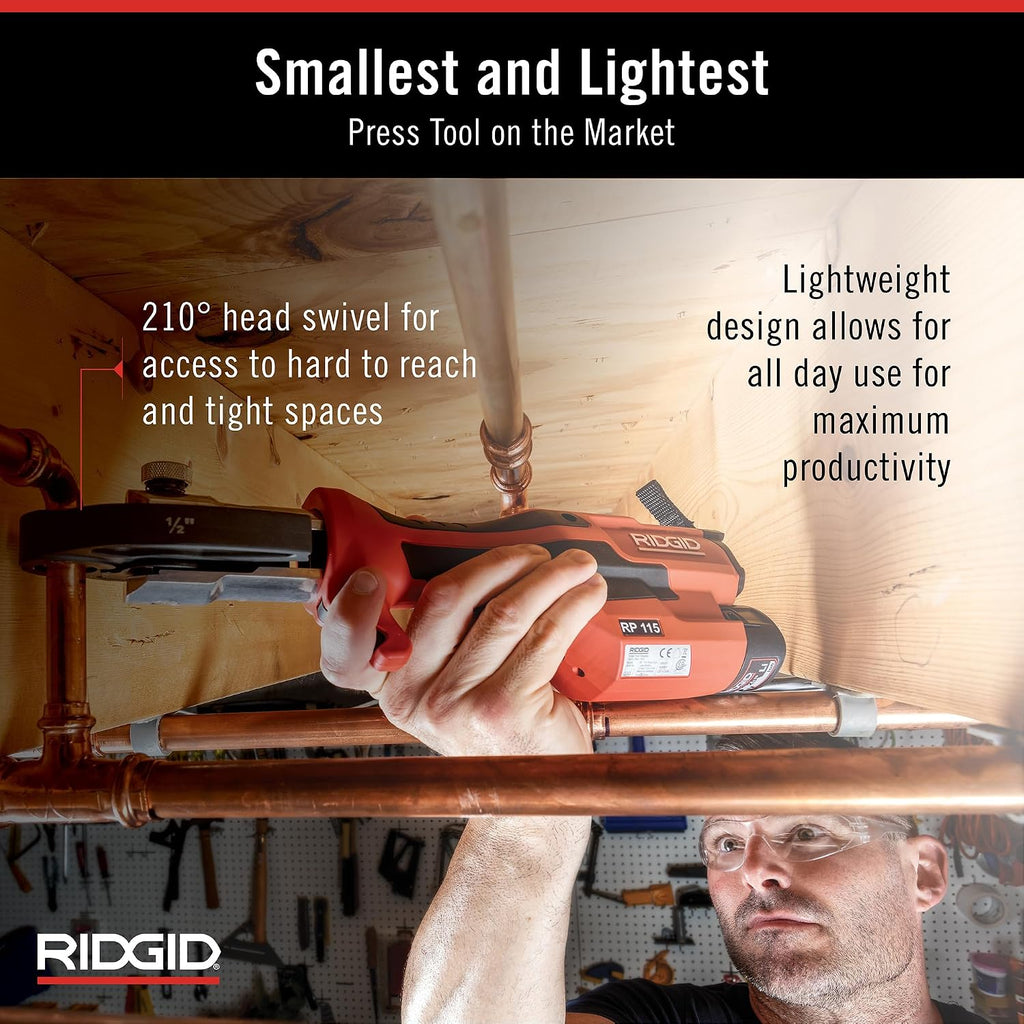 RIDGID 72553 Model RP 115 Mini Press Tool and Battery Kit with 1/2' to 3/4' ProPress Press Tool Jaws, 2V Li/Ion Battery, 12V Charger, and Carrying Case , Red