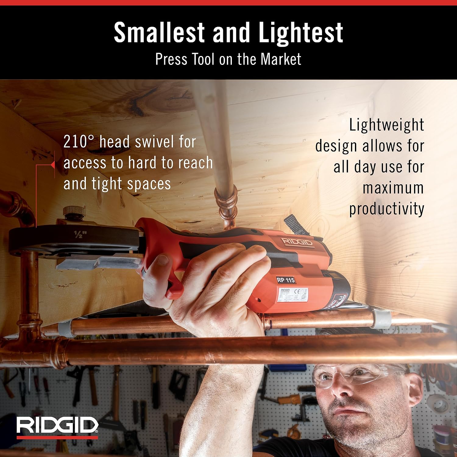 RIDGID 72553 Model RP 115 Mini Press Tool and Battery Kit with 1/2' to 3/4' ProPress Press Tool Jaws, 2V Li/Ion Battery, 12V Charger, and Carrying Case , Red