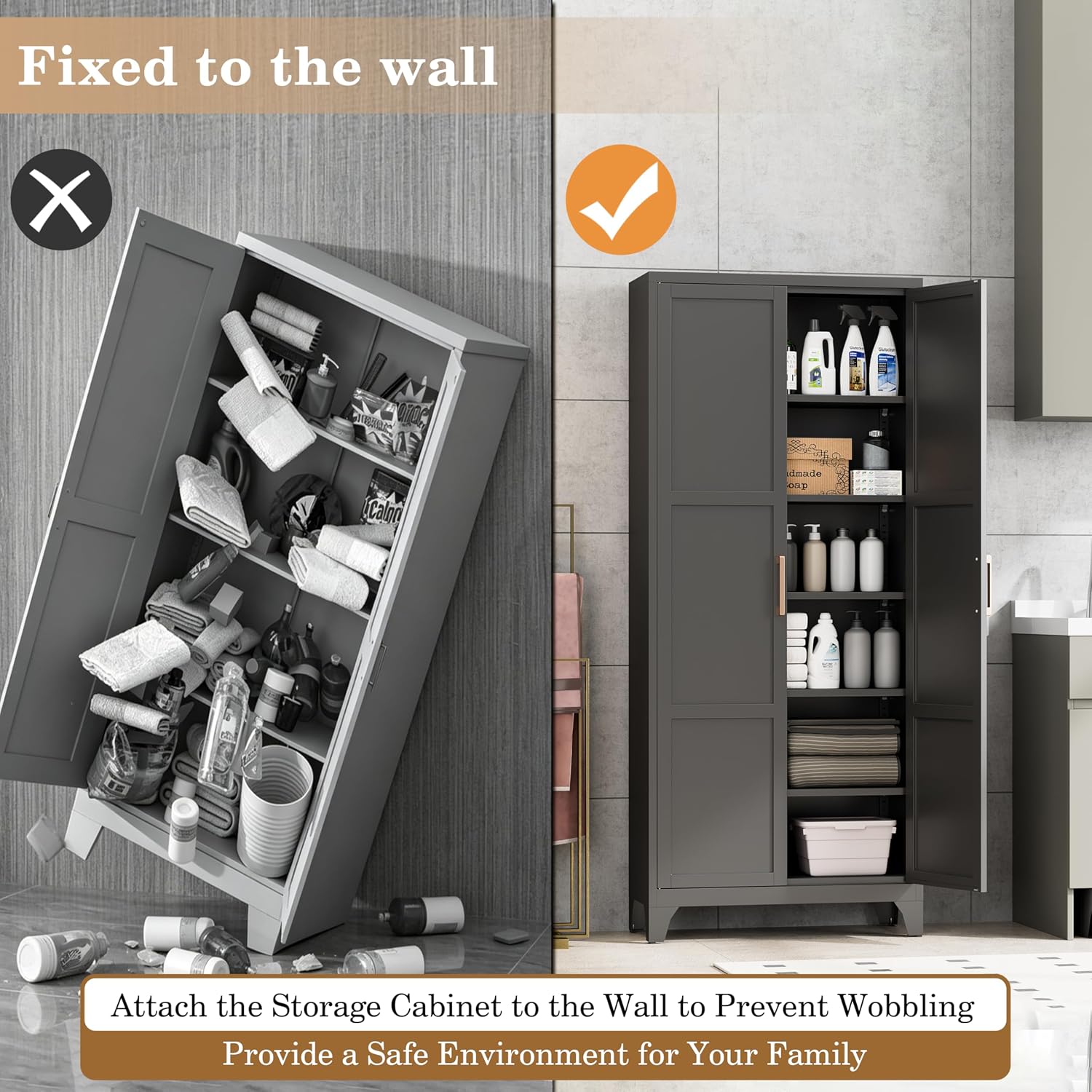 74.8' Black Freestanding Metal Pantry Cabinet, Magnetic Doors & 5 Adjustable Shelves, Anti-Tip Closed Storage Cupboard for Kitchen, Laundry, Garage & Home Office