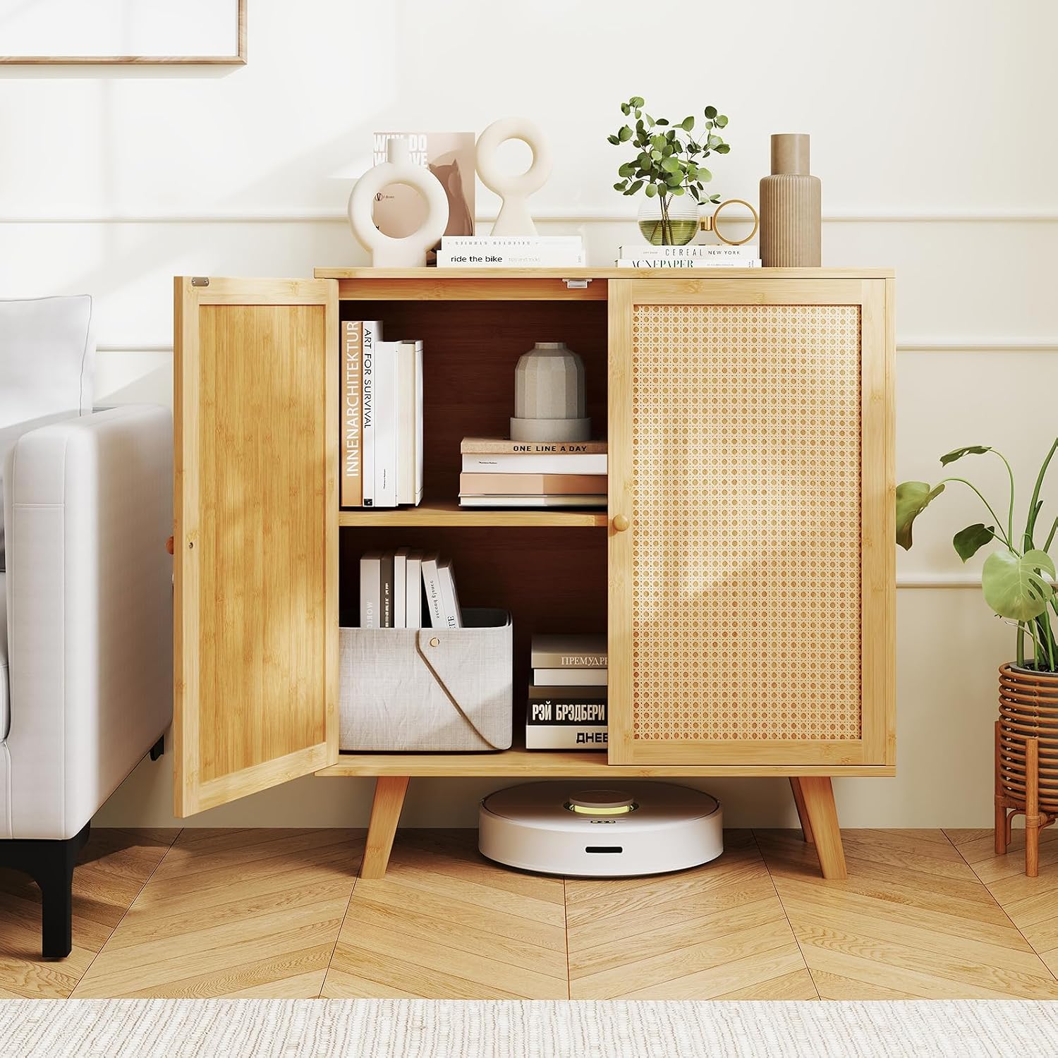 LOKO Bamboo Buffet Cabinet Set of 2, Boho Storage Sideboard with PE Rattan Doors, Freestanding Kitchen Cupboard, Coffee Bar Accent Cabinet for Living Room, Dining Room, Hallway, Natural (2)