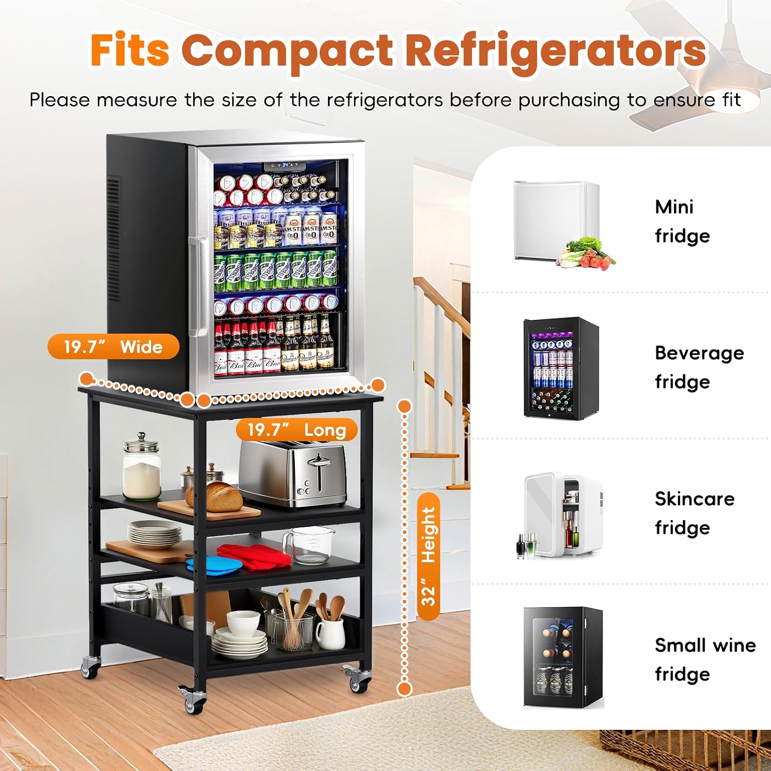 32' H Mini Fridge Stand with Storage - Avoid Bending Over Fit Elderly Pregnant Women Mini Fridge Shelf 4-Tier Small Refrigerator Stand with Adjust Storage Space Stainless Steel Wheel 19.7' L x 19.7' W