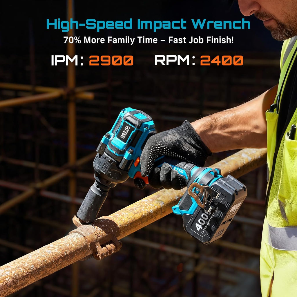 Seesii Impact Wrench 886 Ft-lbs(1200N.m), 1/2 High Torque Impact Gun with 21V 2x4.0Ah Battery, Electric Impact Driver, 2900IPM, 5 Socket, Cordless Impact Wrench for Home Car/Mower/Pickup/Truck RV