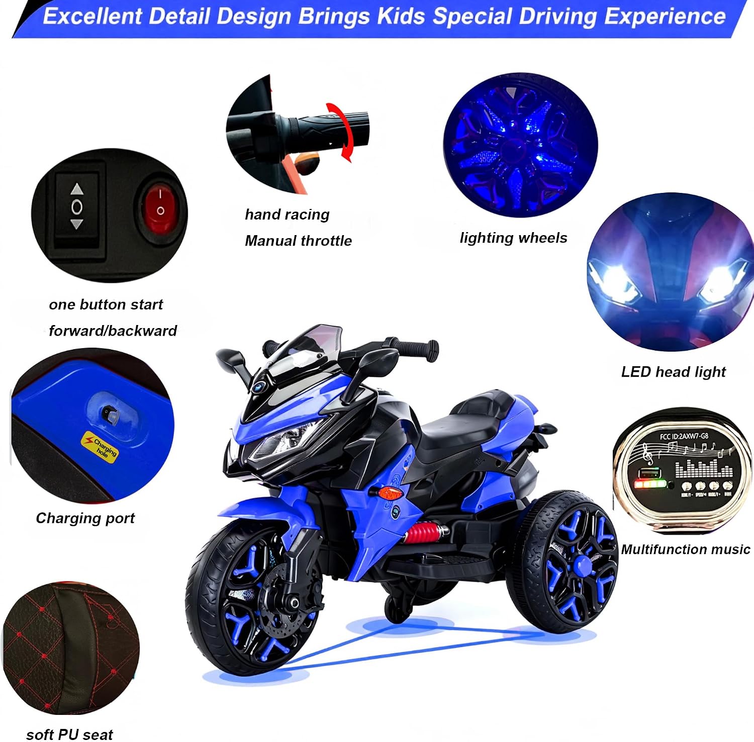 12V Kids Electric Motorcycle with Training Wheels | Plastic, PU seat, manual throttle, foot brake, USB, MP3, phone link, light-up wheels, ages 3-6, 45.3 W x 23.2 D x 28.7 H in