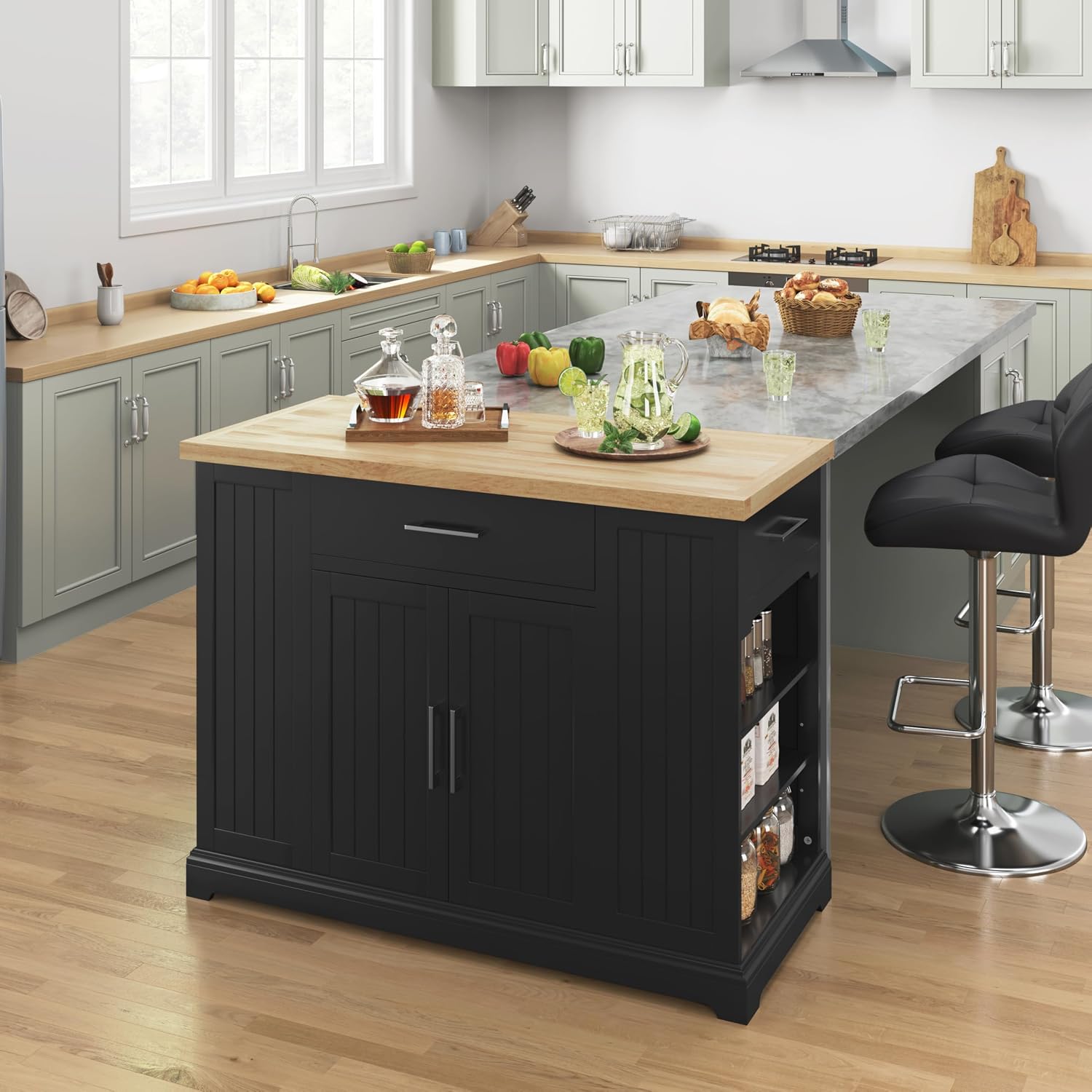 Yaheetech Kitchen Island on Hidden Wheels, Rolling Kitchen Cart with Thicker Rubberwood Top & 3 Drawers & Open Shelves, Storage Cabinet with Adjustable Shelves for Dining Room, 46″L × 22″W, Black