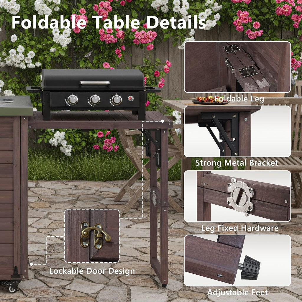 LUMISOL Outdoor Kitchen Island with Foldable Grill Table, Movable Prep Table with Stainless Steel Top, Rolling Kitchen Cart with Trash Can Storage, Outdoor Grill Cart for Parties, Dark Brown
