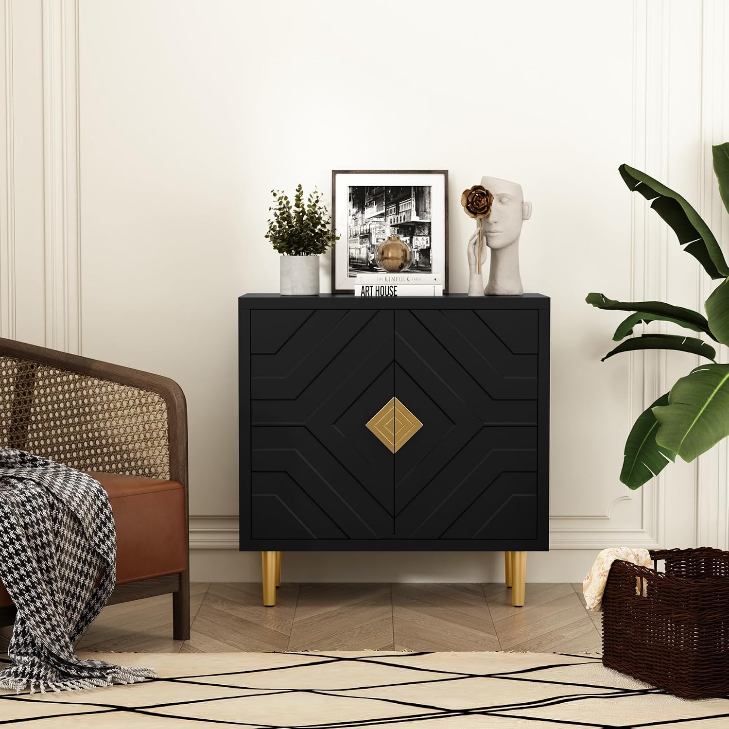 HLR Sideboard Storage Cabinet with 2 Doors, Accent Cabinet with Decorative Embossed Pattern Doors, Sideboard Buffet Cabinet for Living Room, Kitchen, Dining Room, Hallway