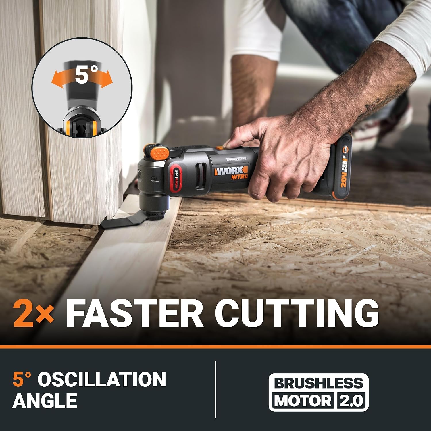 Worx Nitro 20V Cordless Oscillating Multi Tool with 5° Oscillation Angle, VibraFree Technology, Slim-body Design, 2.0 Ah Battery and Charger Included, 23 Pieces Accessories with Carrying Bag, WX698L