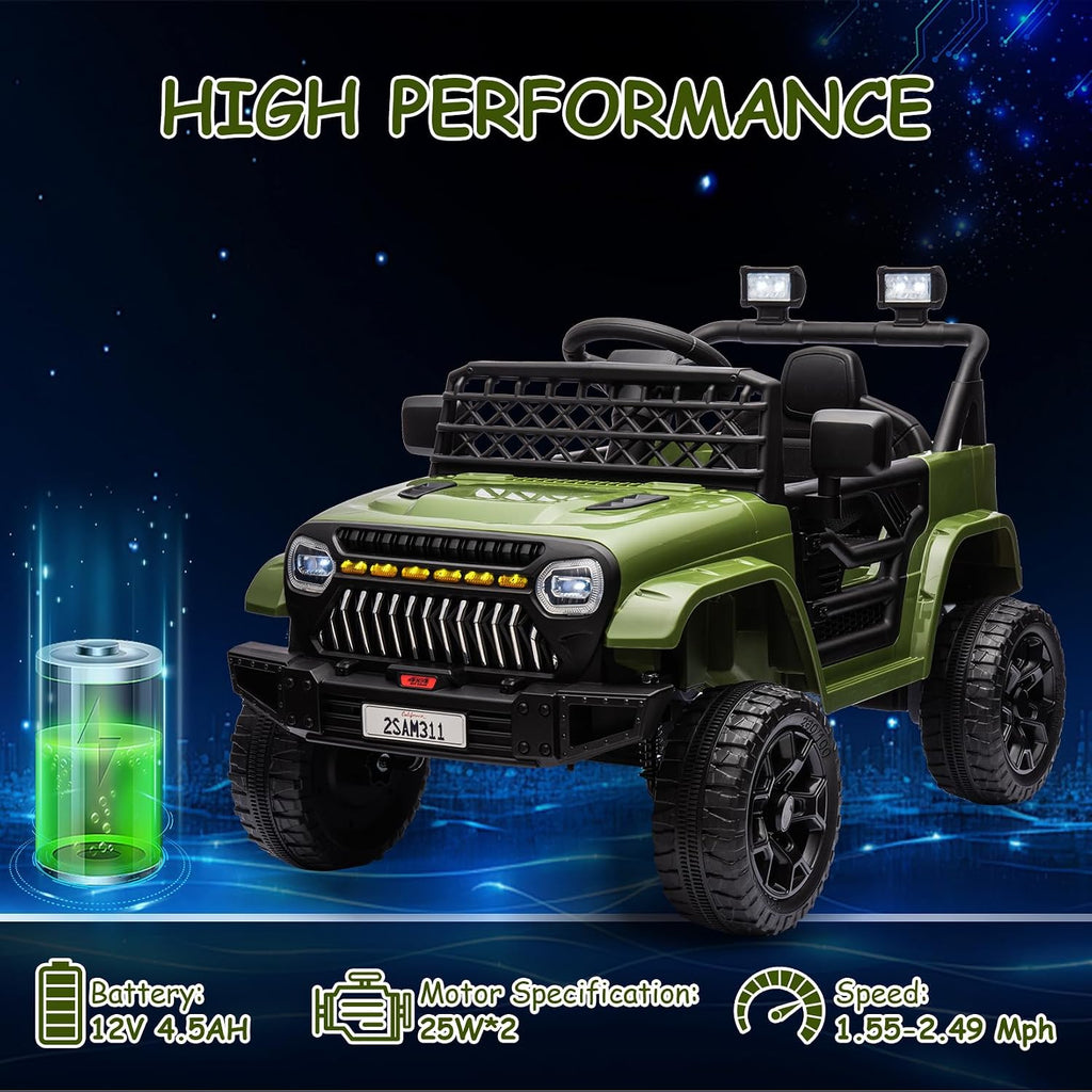 GarveeLife 12V Kids Ride On Truck Electric Vehicle Battery Powered Car Toddlers Ride On Toy for Boys Girls with Remote Control, 4-Wheel Suspension, Battery Display, LED Lights, Music, Army Green