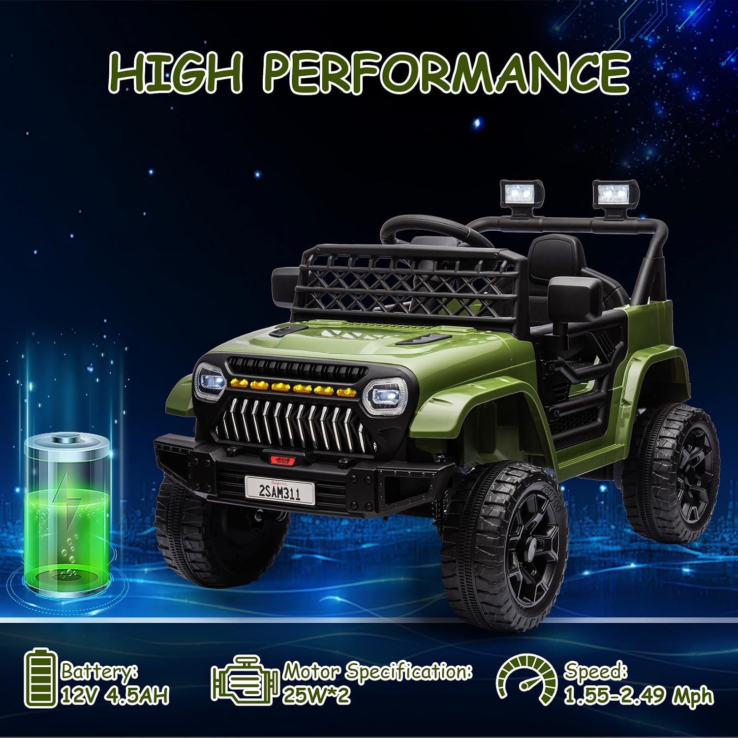 GarveeLife 12V Kids Ride On Truck Electric Vehicle Battery Powered Car Toddlers Ride On Toy for Boys Girls with Remote Control, 4-Wheel Suspension, Battery Display, LED Lights, Music, Army Green