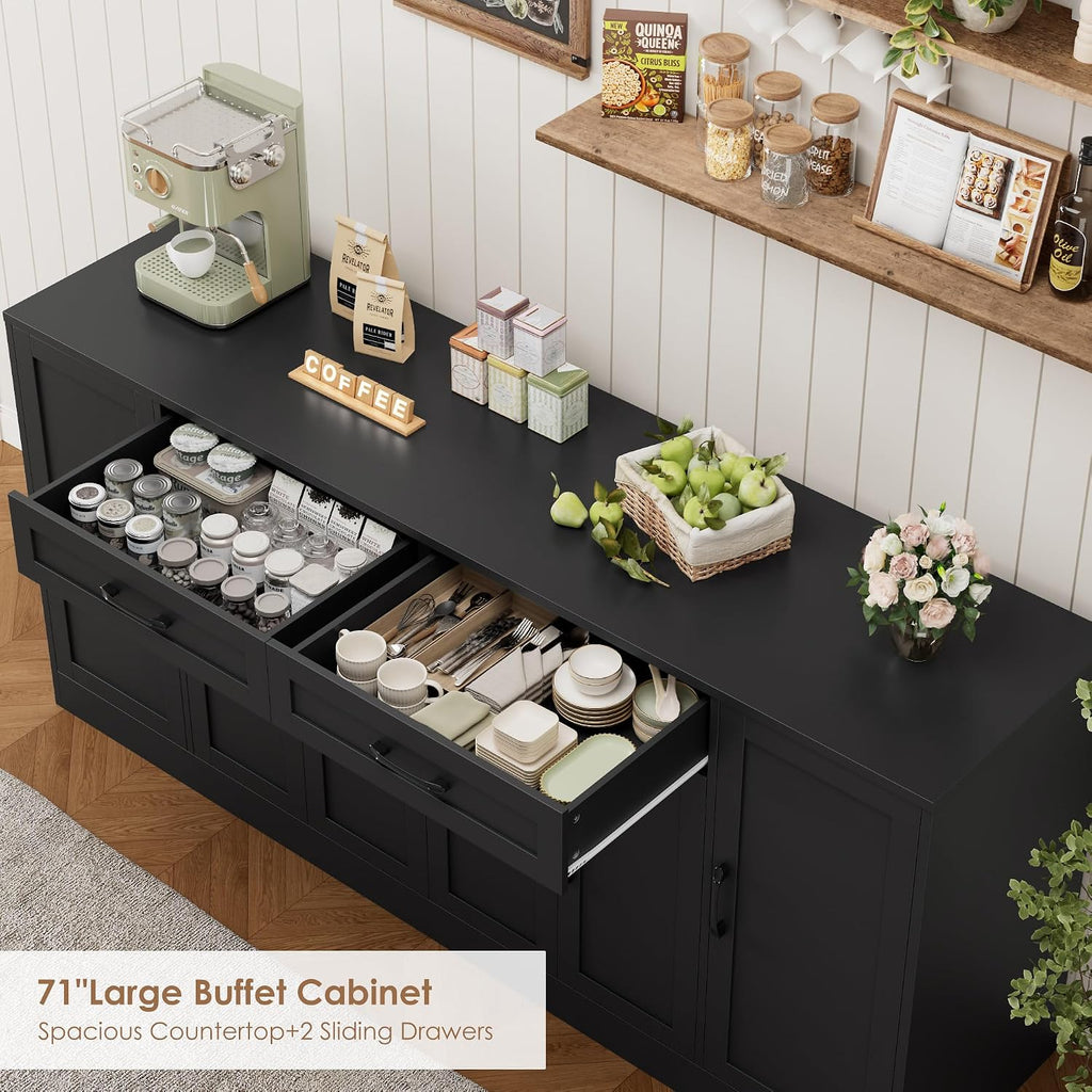 BOTLOG 71' Large Buffet Cabinet with Storage, Sideboard Buffet Cabinet with Adjustable Shelves and 6 Soft-Close Doors, Wood Coffee Bar Console Table for Kitchen, Dining Room, Black