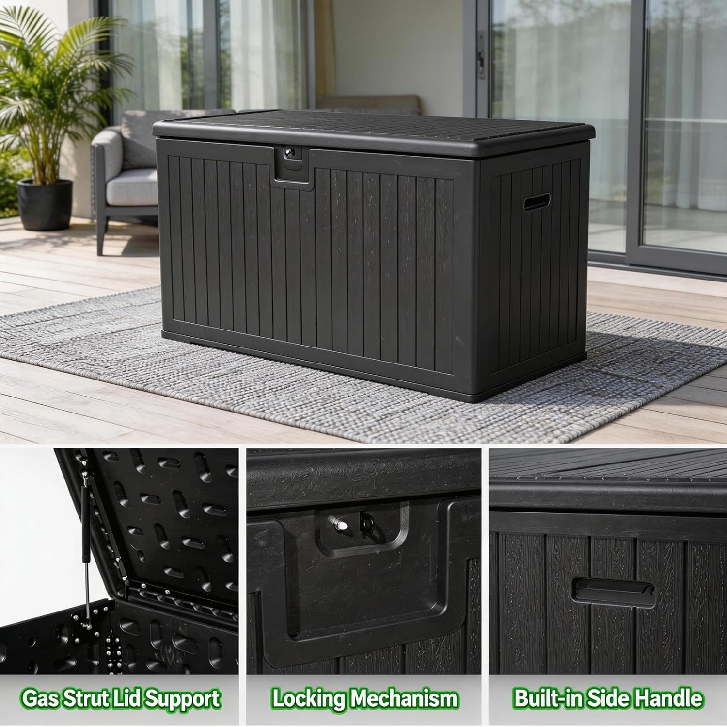 230 Gallon Outdoor Storage Box, Waterproof Extra Large Resin Deck Box with Lockable Lid for Patio, Pool Equipment, and Cushions, Black