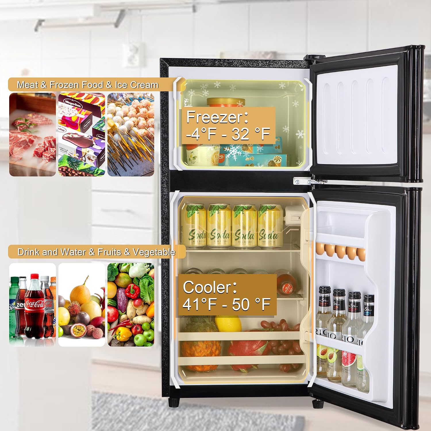 Dorm Fridge 3.2 Cu. Ft., Refrigerator for Apartment with Freezer, 7-Level Adjustable Thermostat, Removable Shelves, Compact Mini Fridge with Freezer for Kitchen, Dorm, Office, Black